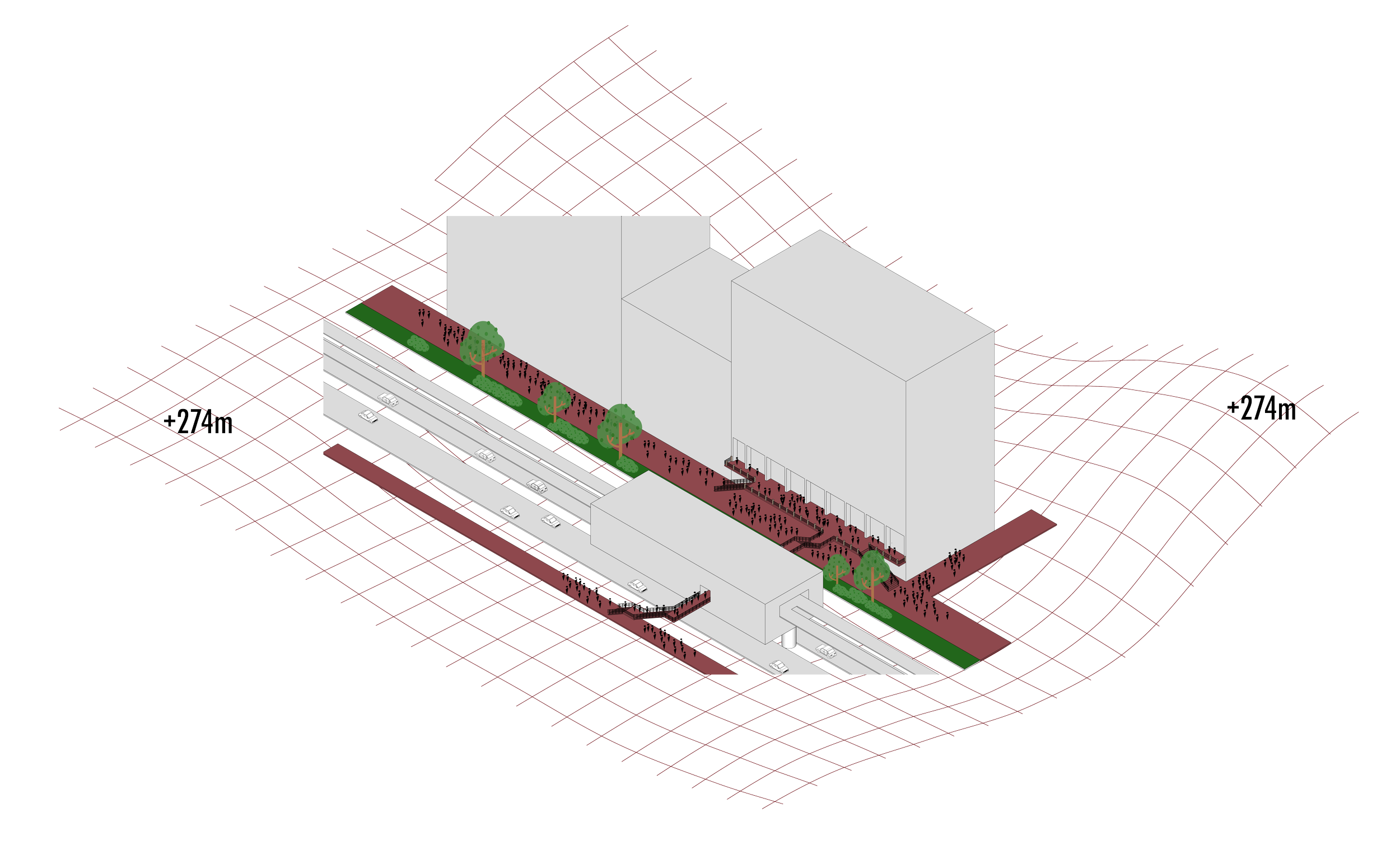 A 3D architectural rendering of a modern building with adjacent parking, outdoor stairs, green spaces, and trees, set on a grid with elevation markers of +274m and +274m.