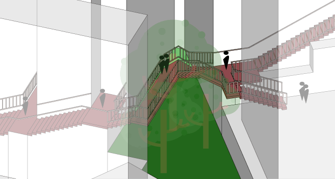 A digital rendering of an indoor multi-level staircase with people walking on it, surrounded by modern architectural design and a green tree silhouette in the center.