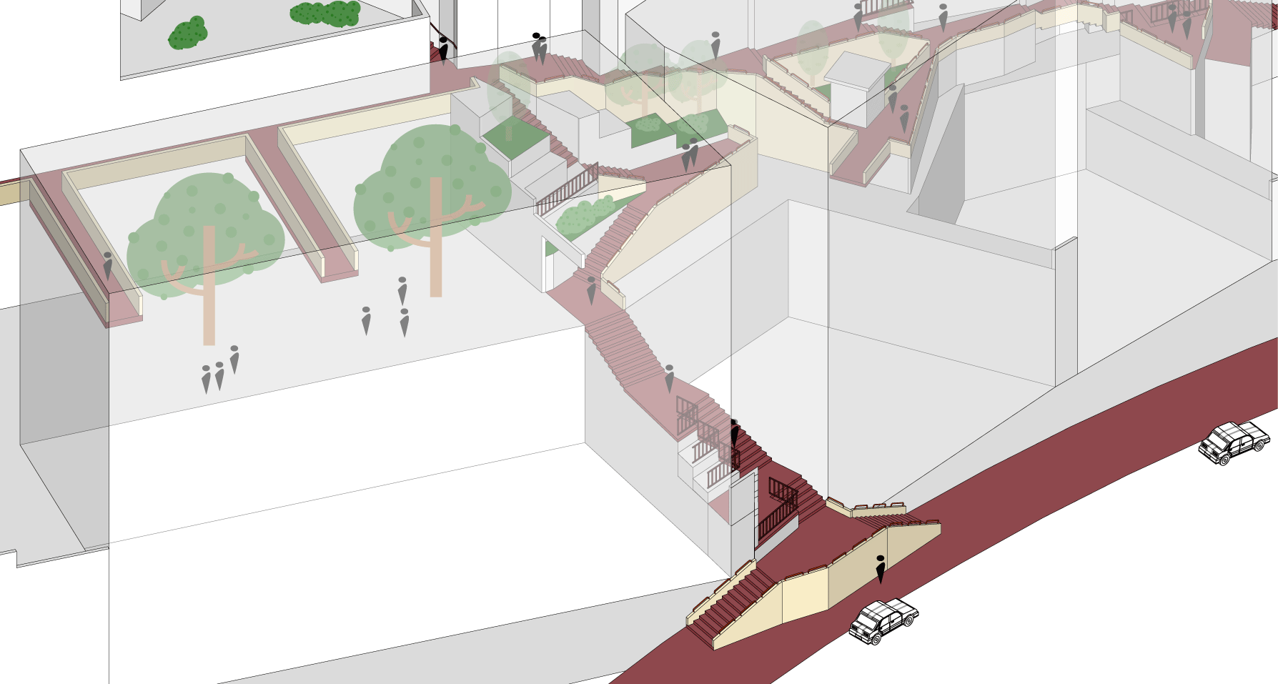 A digital illustration of an outdoor urban space with staircases, pathways, trees, and people walking around.