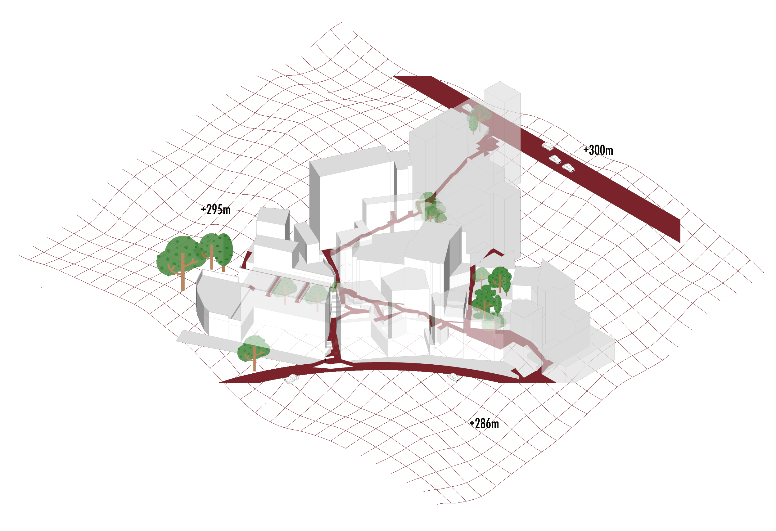 3D rendering of an urban landscape showing buildings, trees, roads, vehicles, and topographical grid lines with measurements in meters.