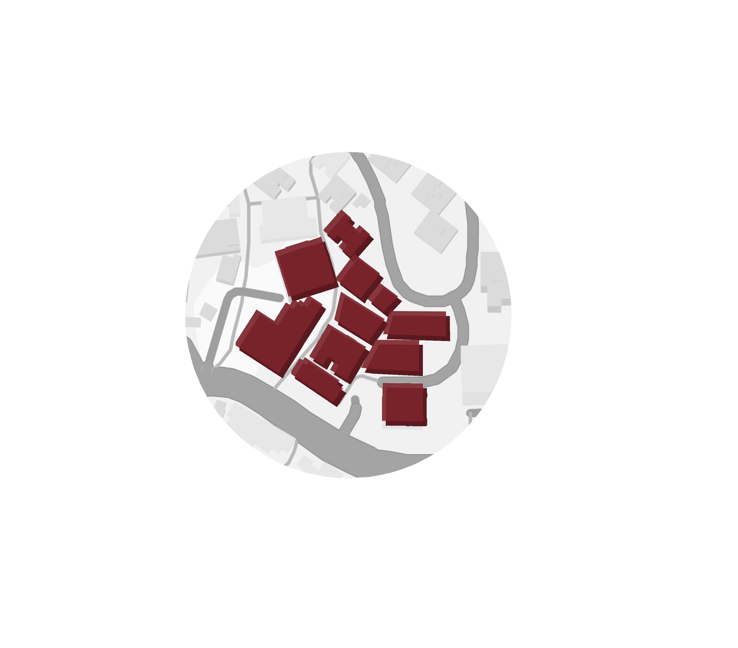 Map showing buildings highlighted in dark red within a circular area in the center.