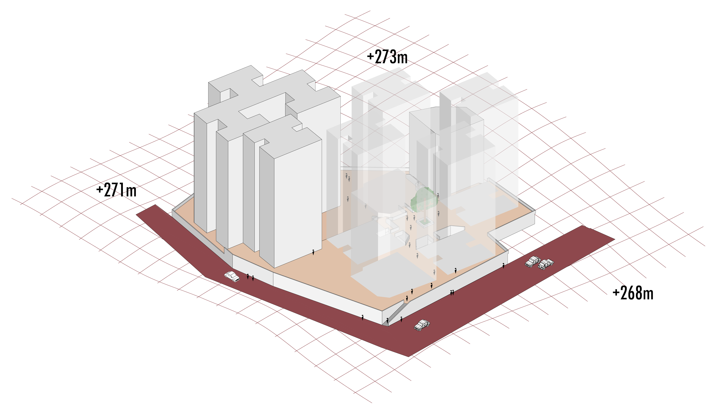 An architectural drawing of a multi-story building complex on a grid with labeled measurements, showing the building footprint, surrounding roadways, and small human figures for scale.