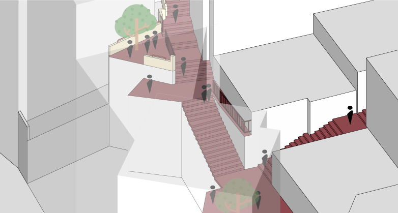 Illustration of outdoor stairs with several people walking, tree, and urban buildings in the background.