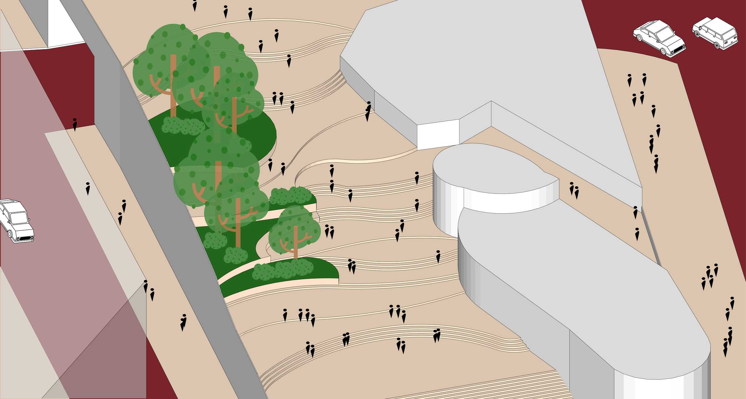 An architectural illustration of an outdoor amphitheater with tiered seating, trees, and a modern building.