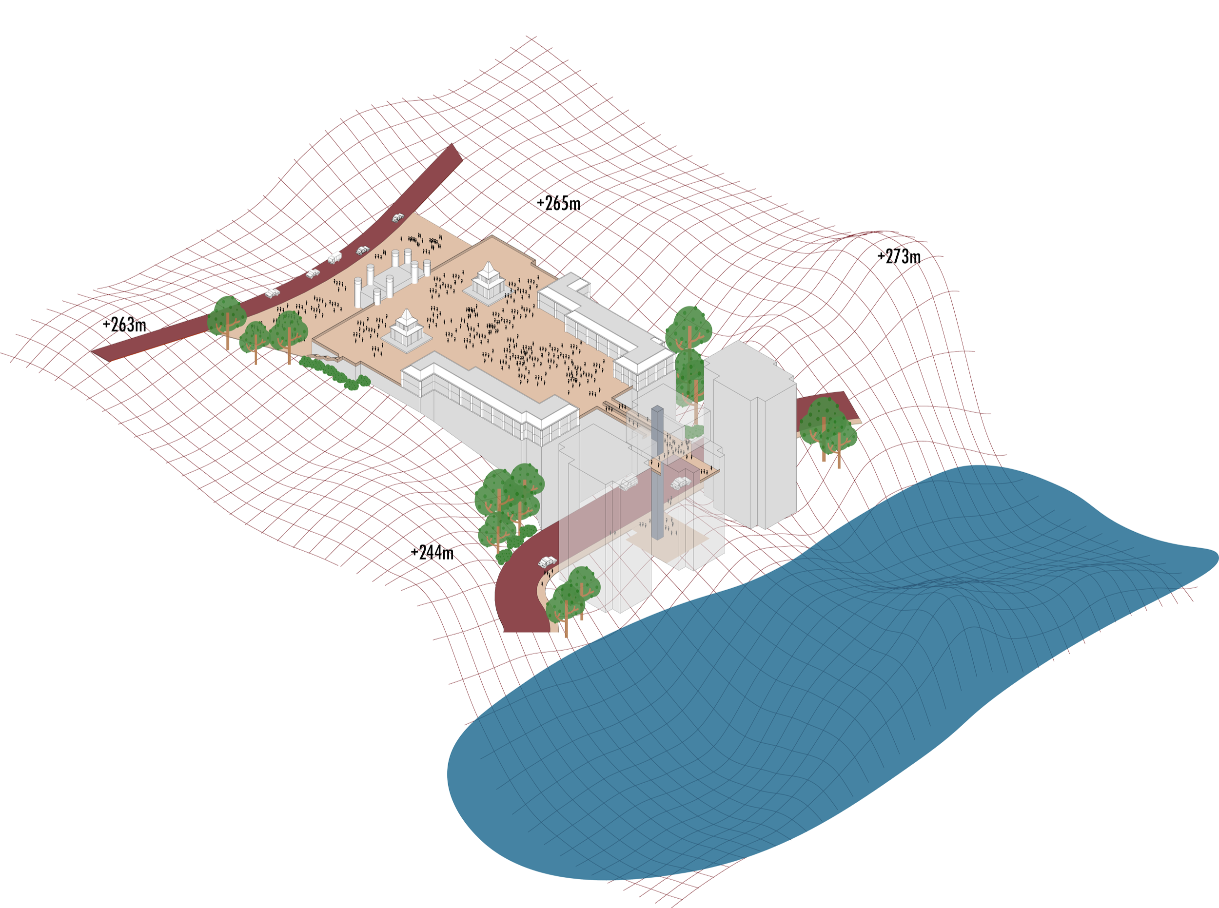 A 3D digital illustration of a building complex situated on a terrain with elevation lines and measurements, including trees, roads, water body, and structures.
