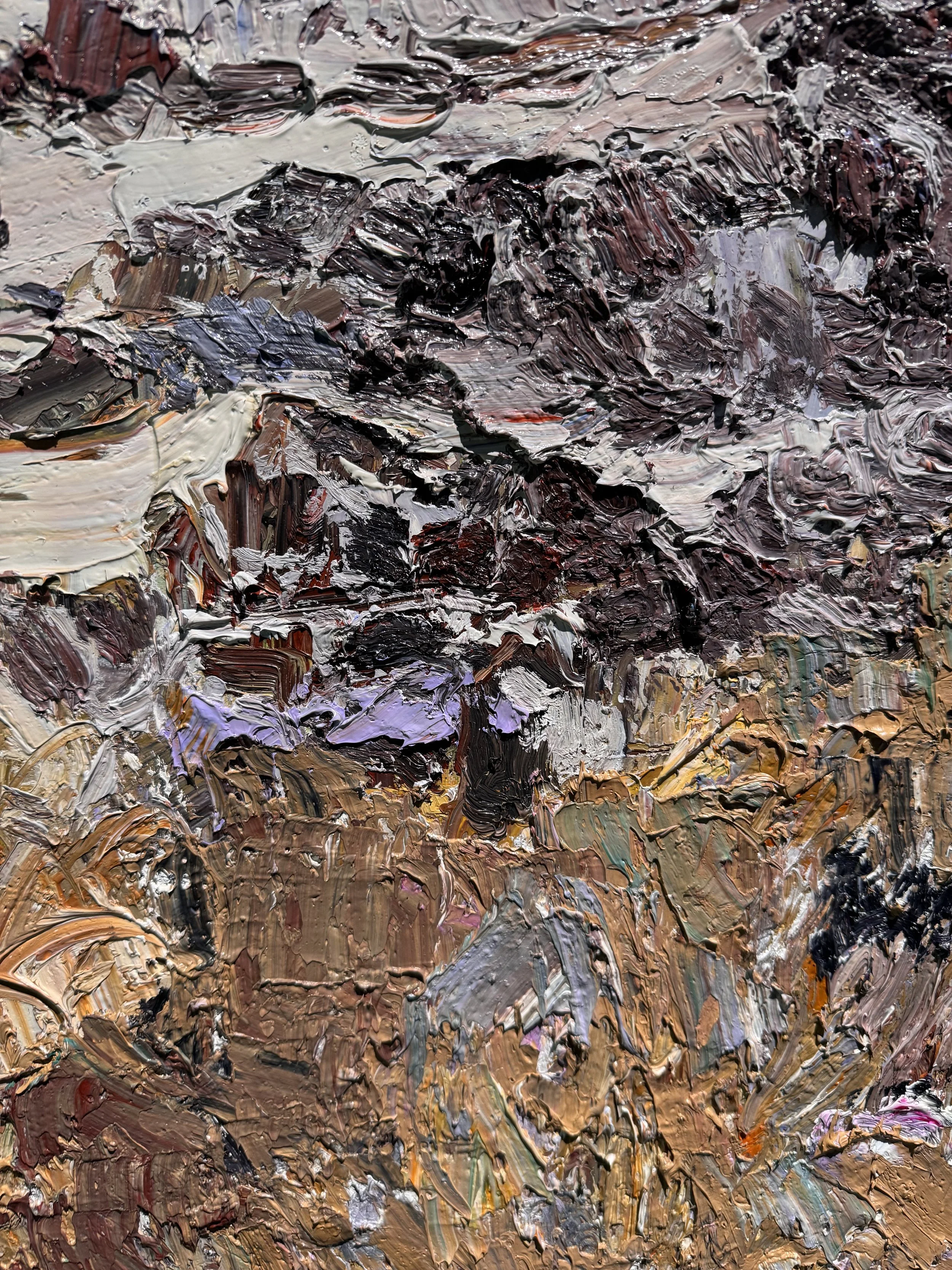 Close-up of an abstract oil painting with thick, textured brushstrokes in shades of brown, black, white, purple, and hints of red and green.