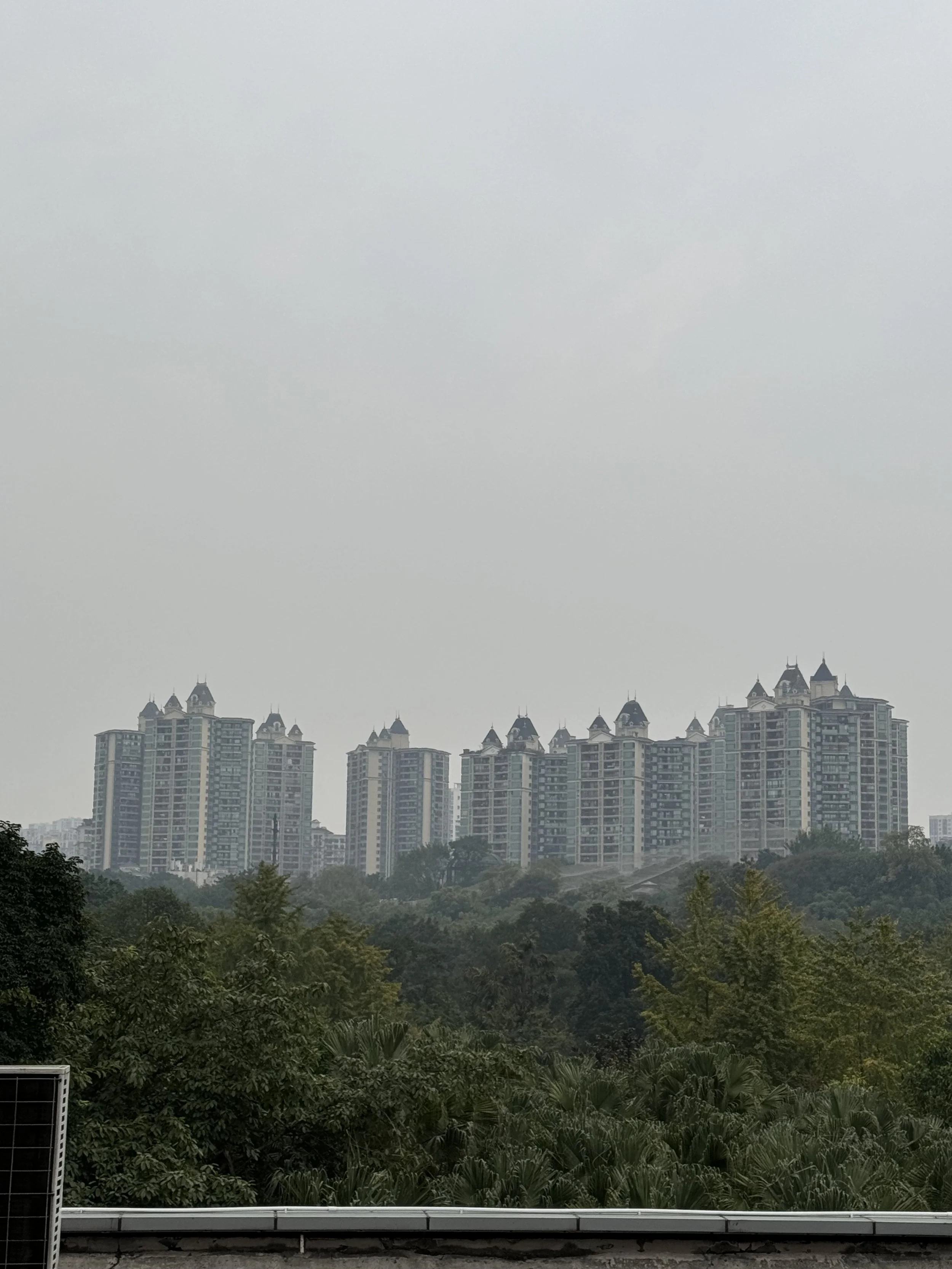 A city skyline with high-rise buildings with peaked roofs, viewed from a green, forested area in the foreground on a cloudy day.