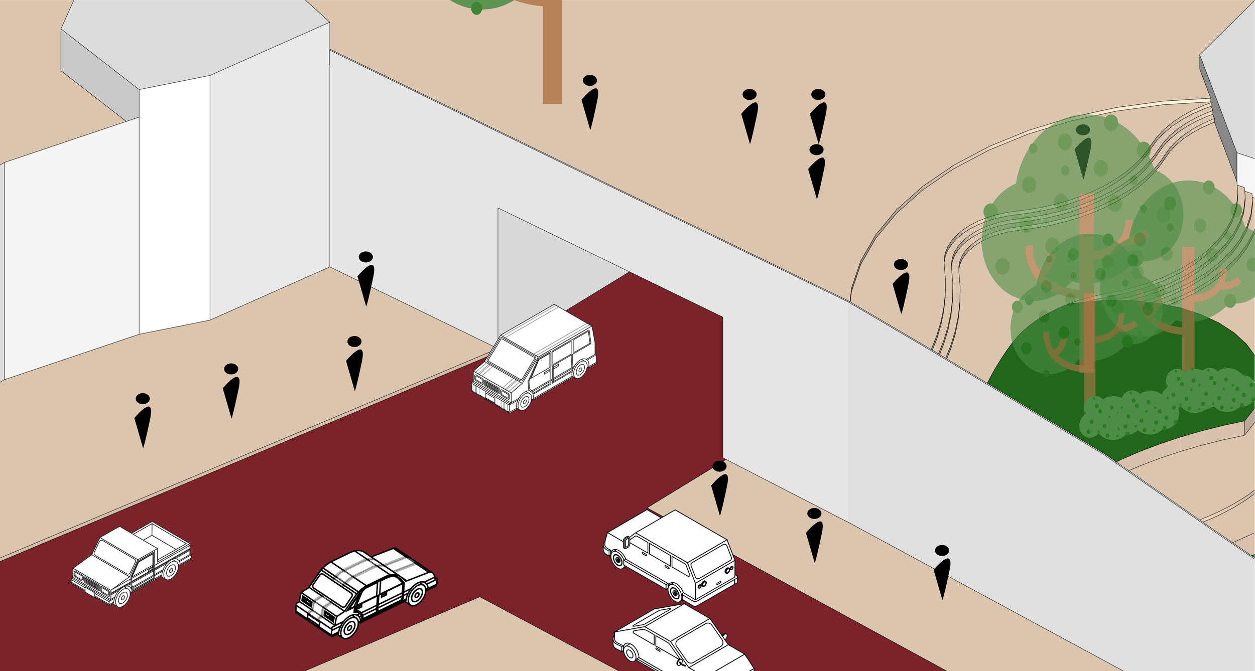 An isometric illustration of a parking area with six parked vehicles, surrounded by a wall. There are multiple black location marker icons dispersed throughout the scene. To the right, there is a landscaped area with green trees and a pathway.
