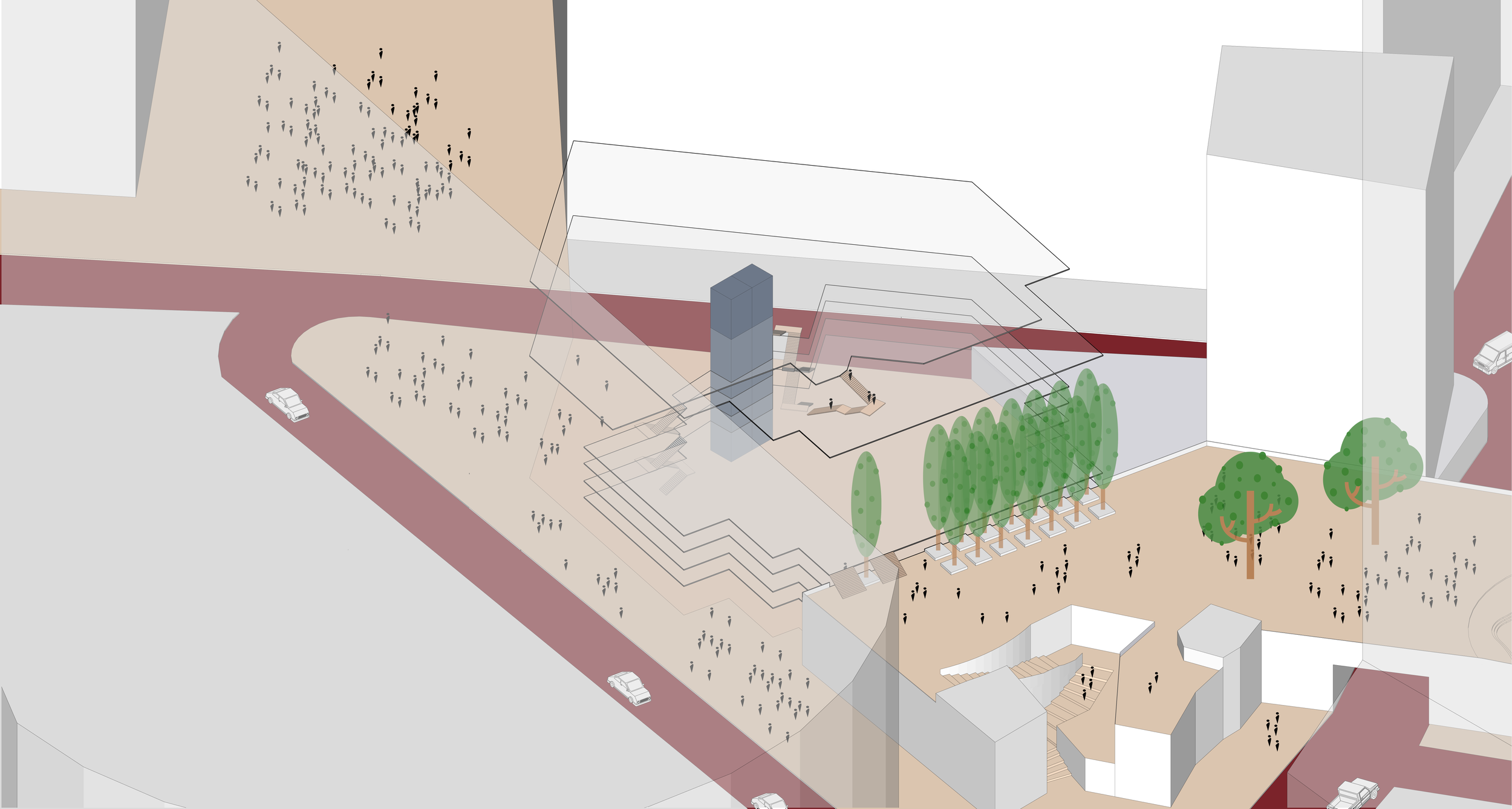 An architect's digital rendering of an urban public space with trees, stairs, and pathways, viewed from above.