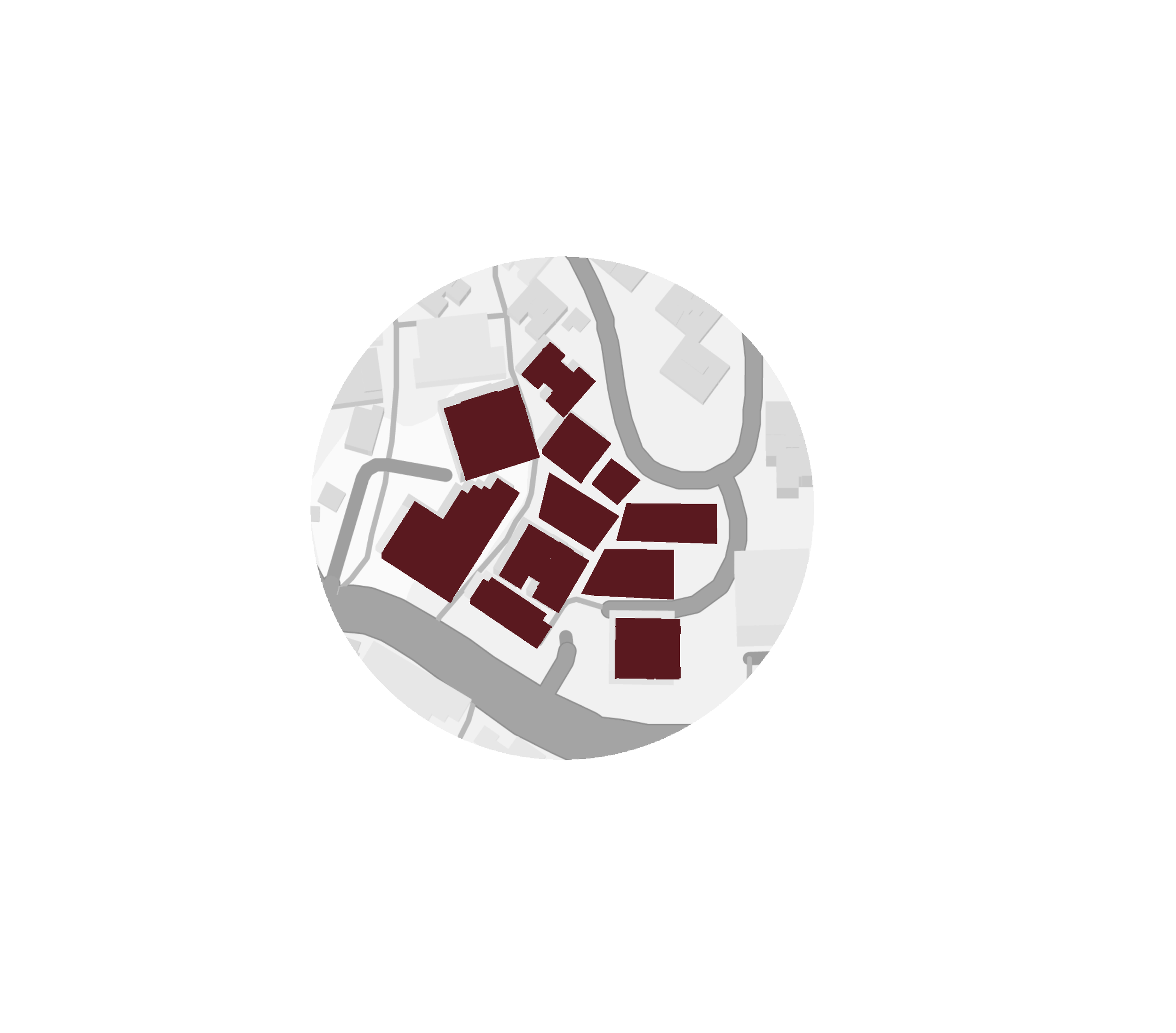 Map of a college campus highlighting specific building areas in dark red.