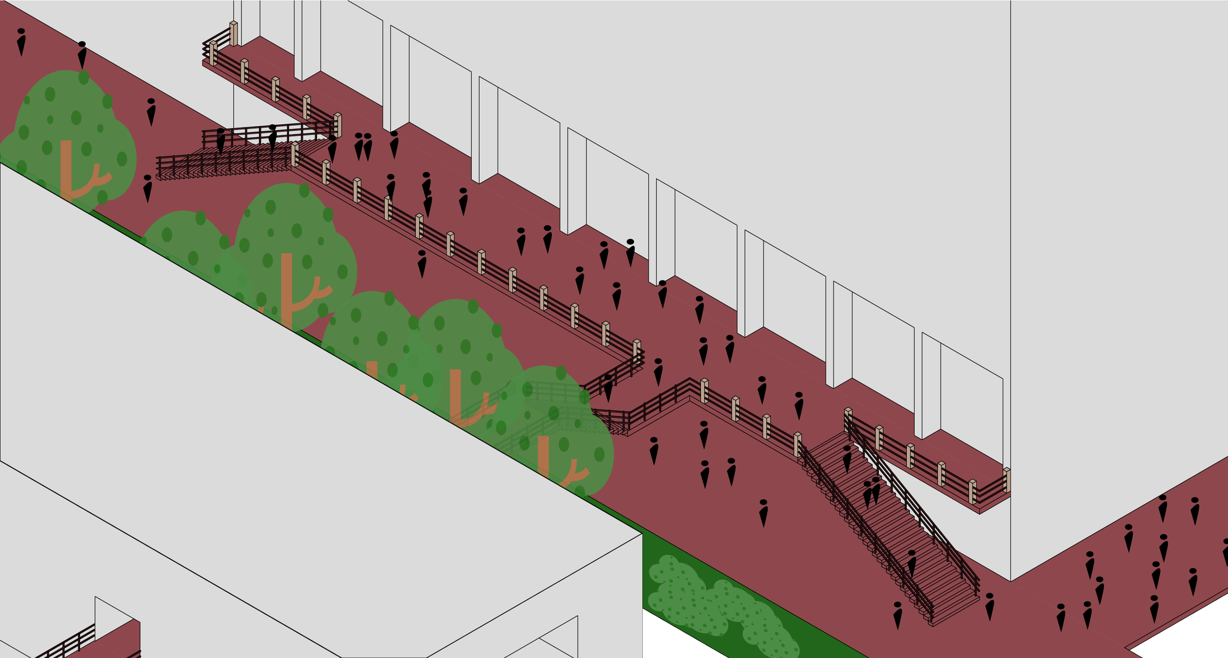 isometric illustration of an outdoor walkway with trees and stairs, adjacent to a building with tall windows
