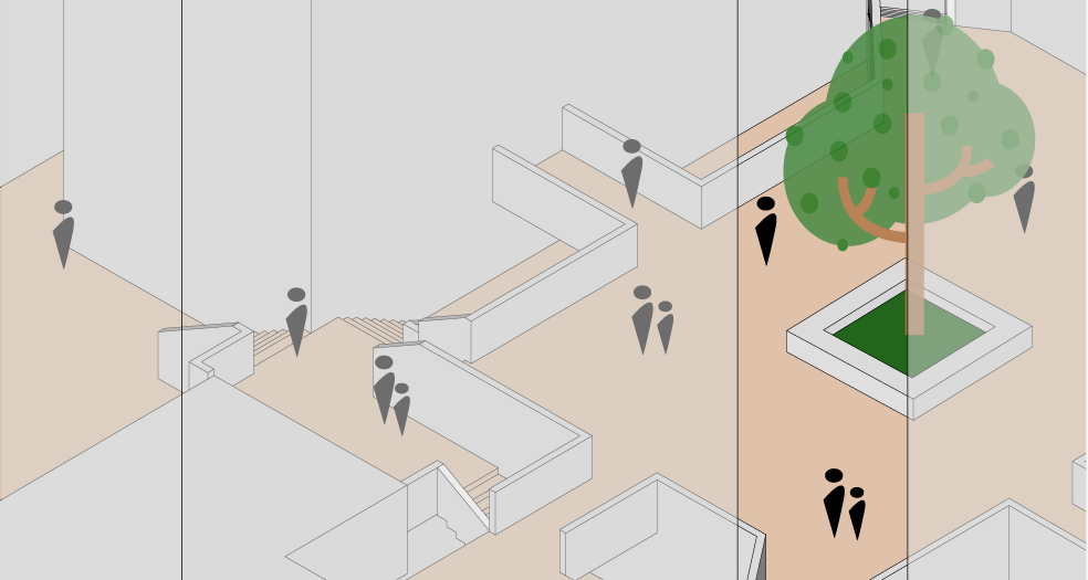 Isometric illustration of a modern outdoor public space with pathways, a tree in a square planter, and several standing figures.
