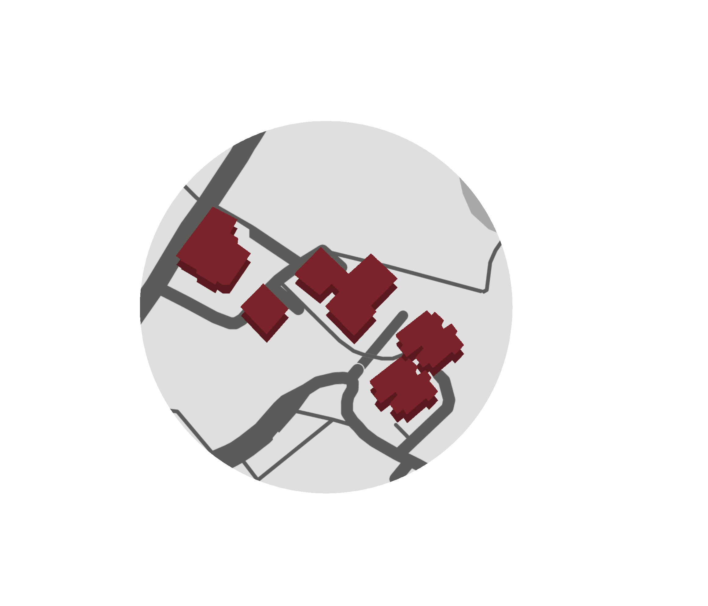 A digital map displayed through a radar or sonar style view, showing red building icons and gray roads or paths on a white background.