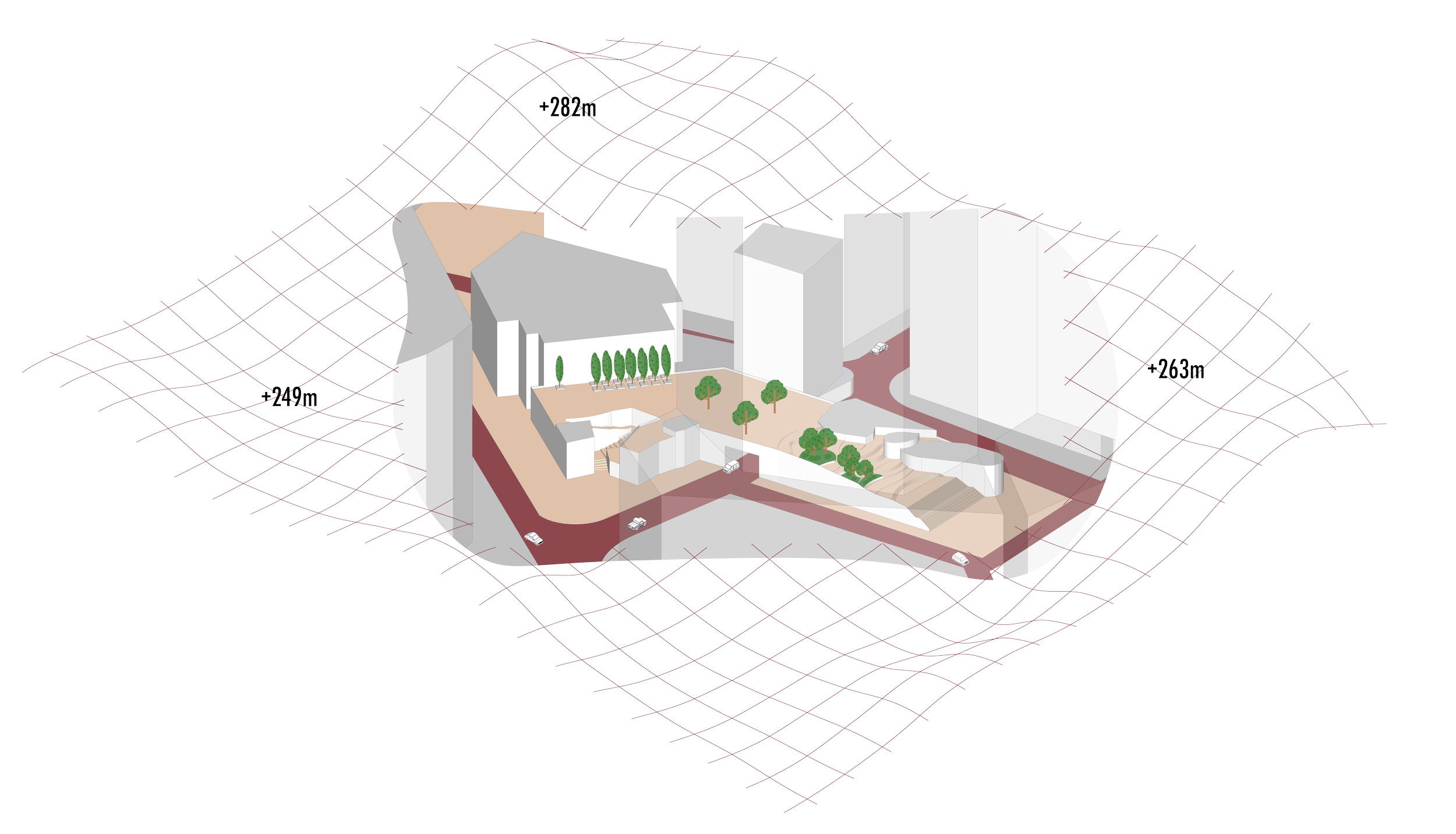 A 3D architectural rendering of a building project with surrounding landscape and roads, shown on a grid with elevation measurements in meters.