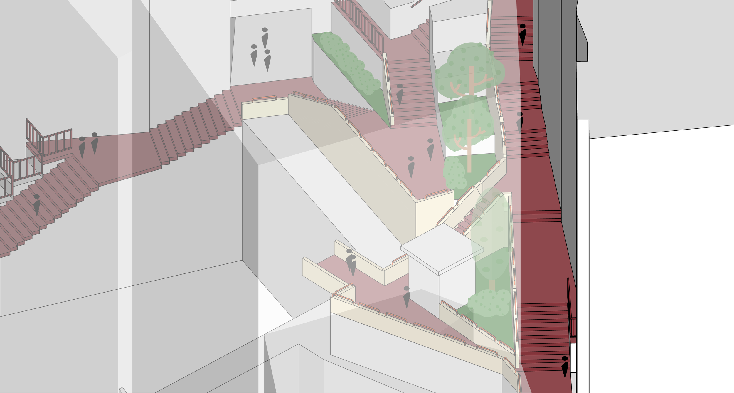 A digital rendering of a multi-level outdoor staircase and walkway with trees and green shrubs, featuring several people walking on the stairs and pathways.
