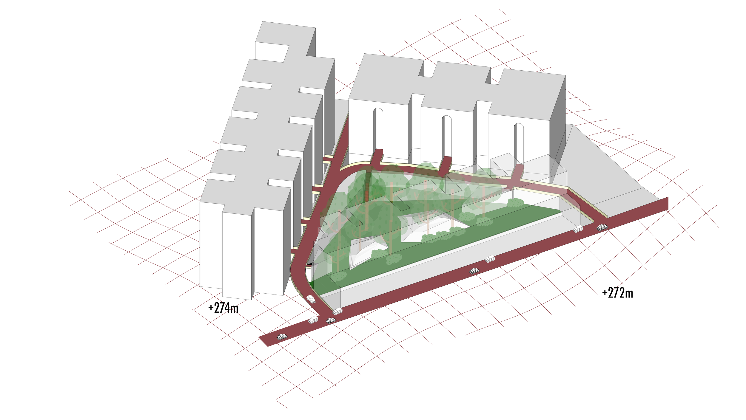 Architectural site plan showing a modern residential complex with landscaped green space, surrounding roads, and measuring approximately 272 meters by 274 meters.