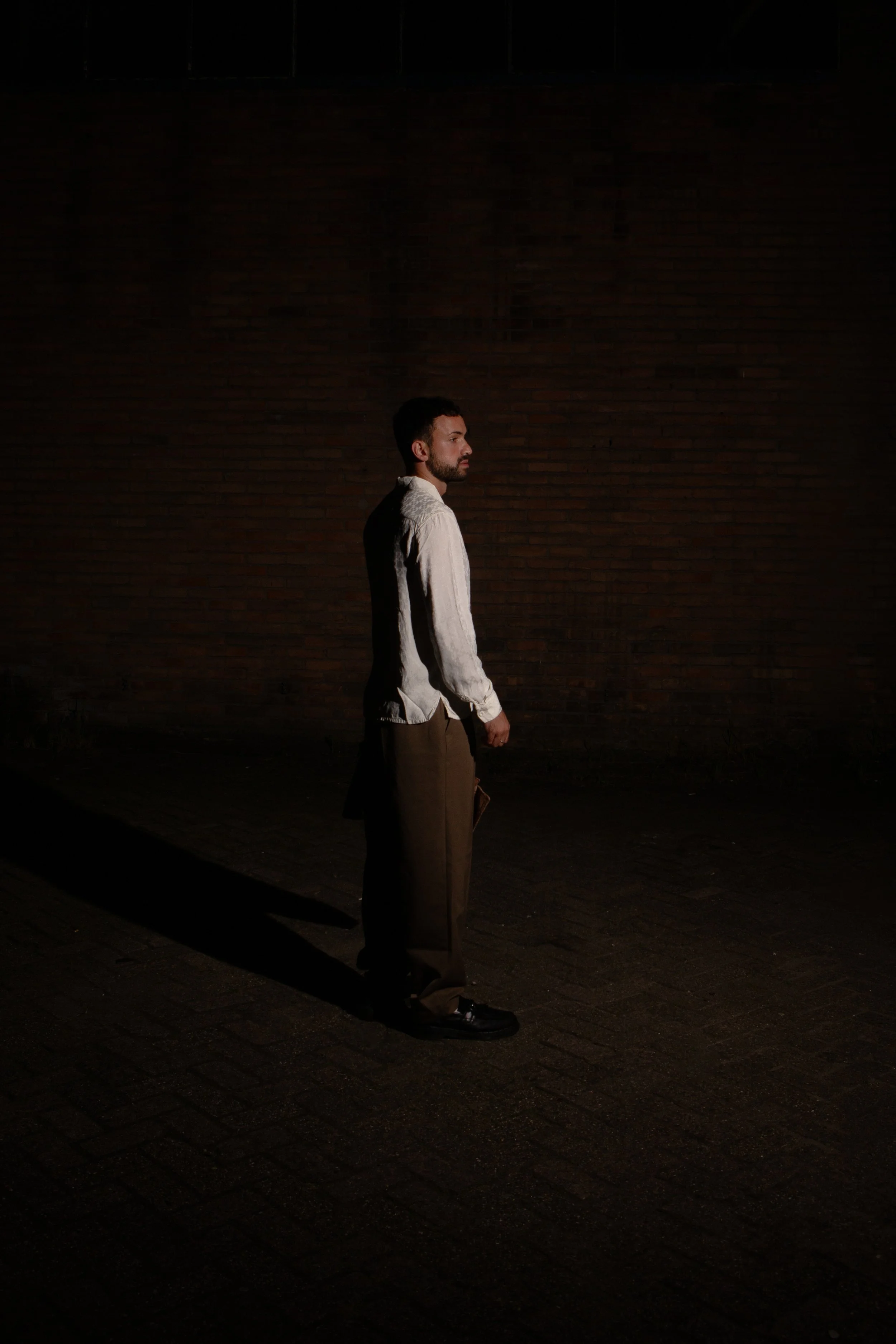 A man stands alone in a dimly lit street at night, casting a long shadow against a brick wall.