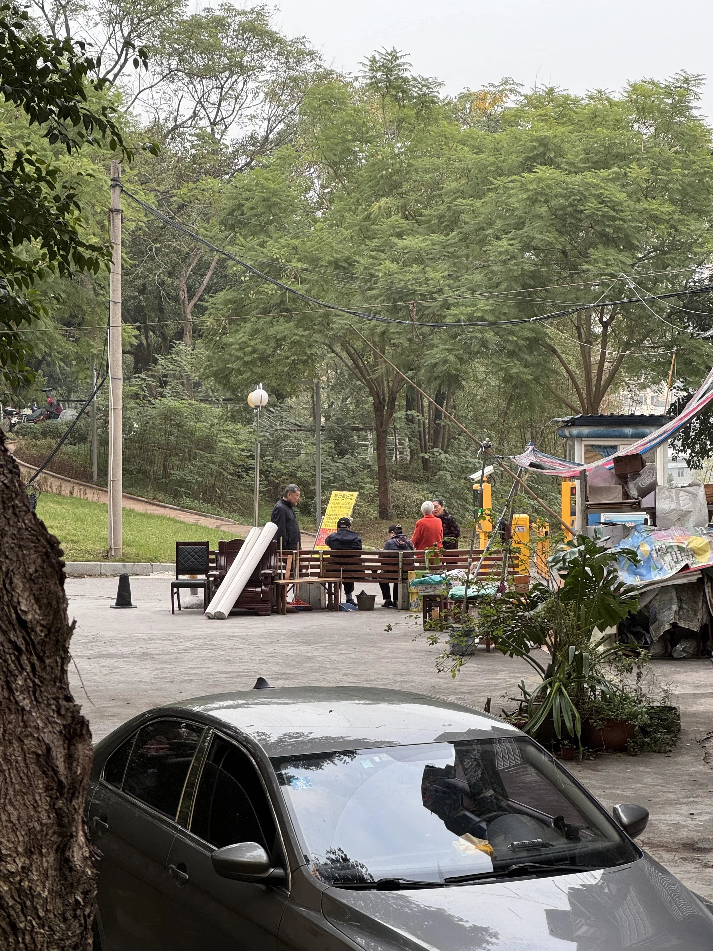 A group of people sitting and standing around a bench in an outdoor park or street setting with trees and greenery in the background. There are some parked cars and a street vendor stall with various items nearby.