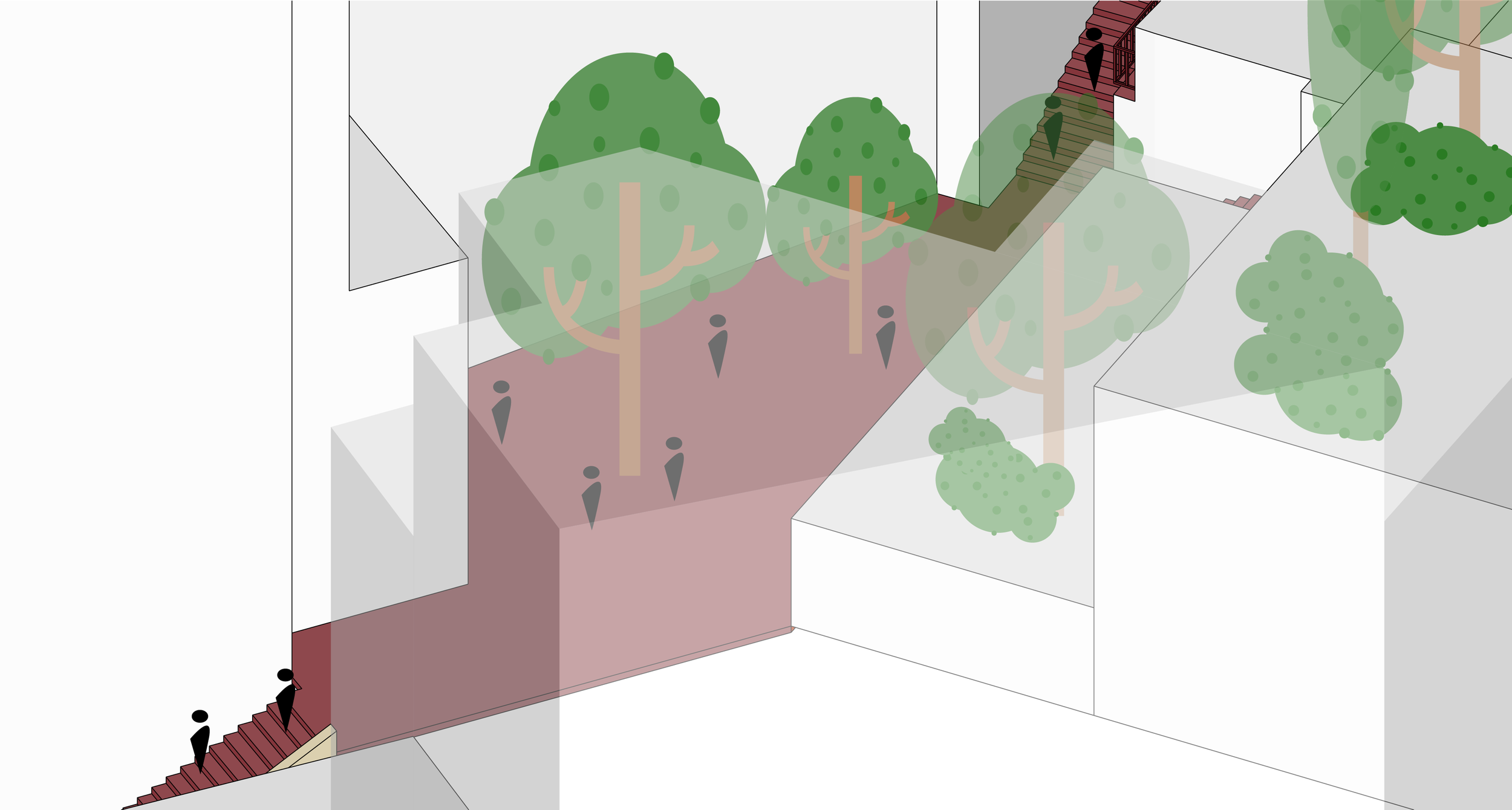 An isometric illustration of a backyard with trees, bushes, and stairs leading to a small red house. The yard contains several large trees with round green foliage, smaller bushes, and a shaded pathway. There are two black figures walking down the stairs and another figure near the house, which has a staircase and a door.