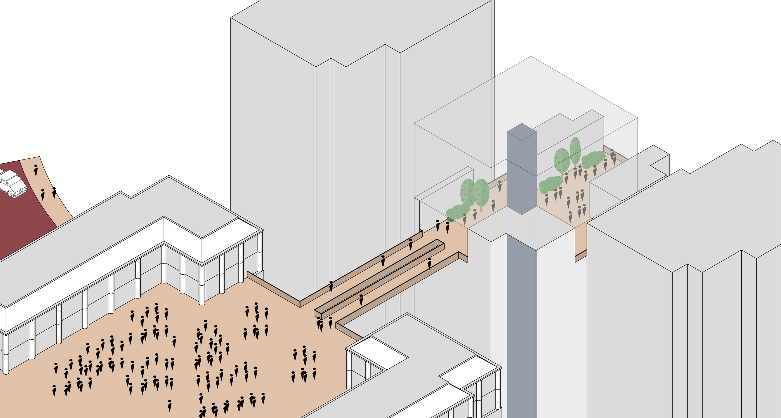 An architectural illustration of a modern urban space featuring a building with a curved roof, outdoor stairs, greenery, and people depicted as black icons walking and gathering.