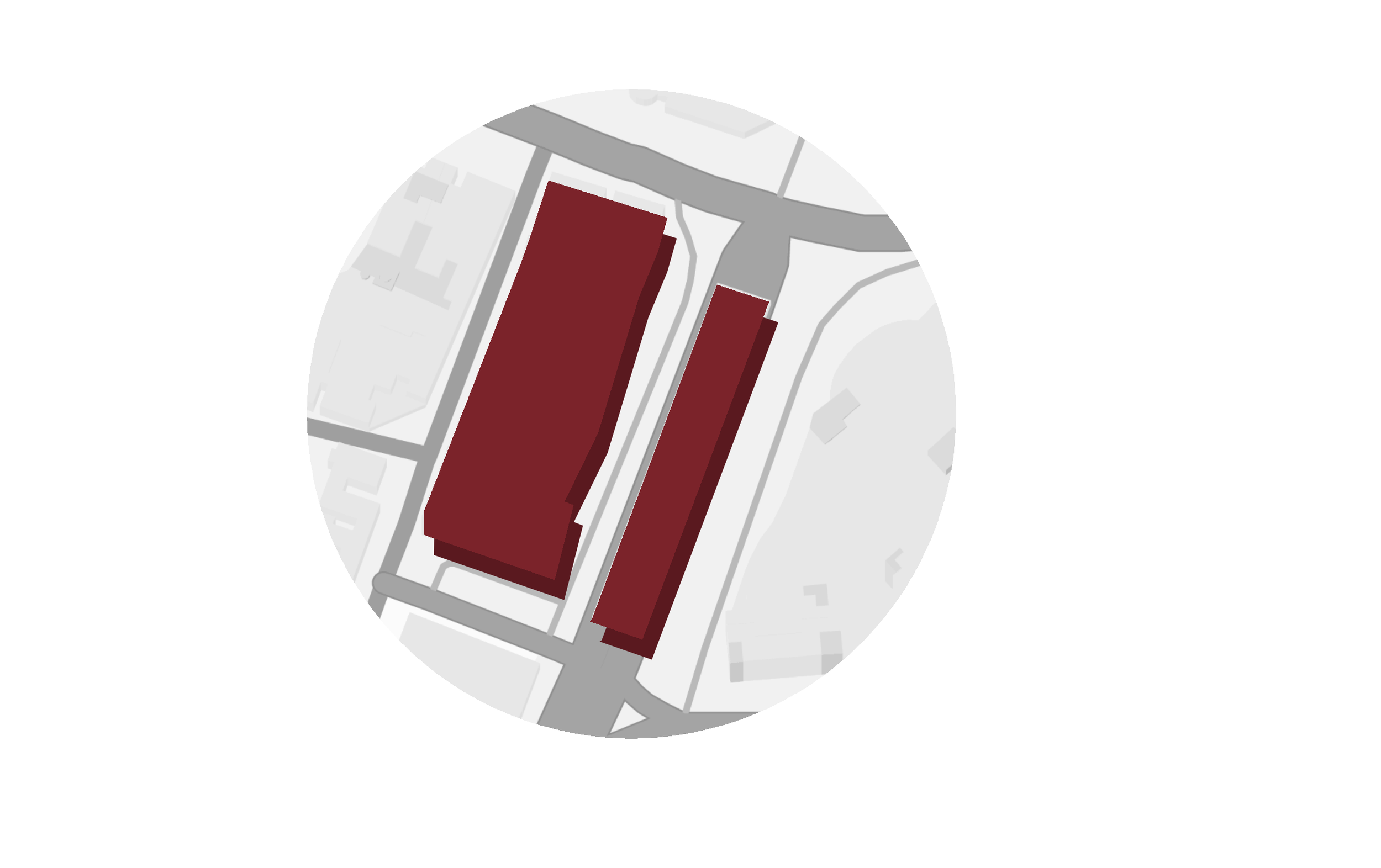 A 3D map showing buildings in dark red, roads in gray, surrounding streets, and nearby structures in white.