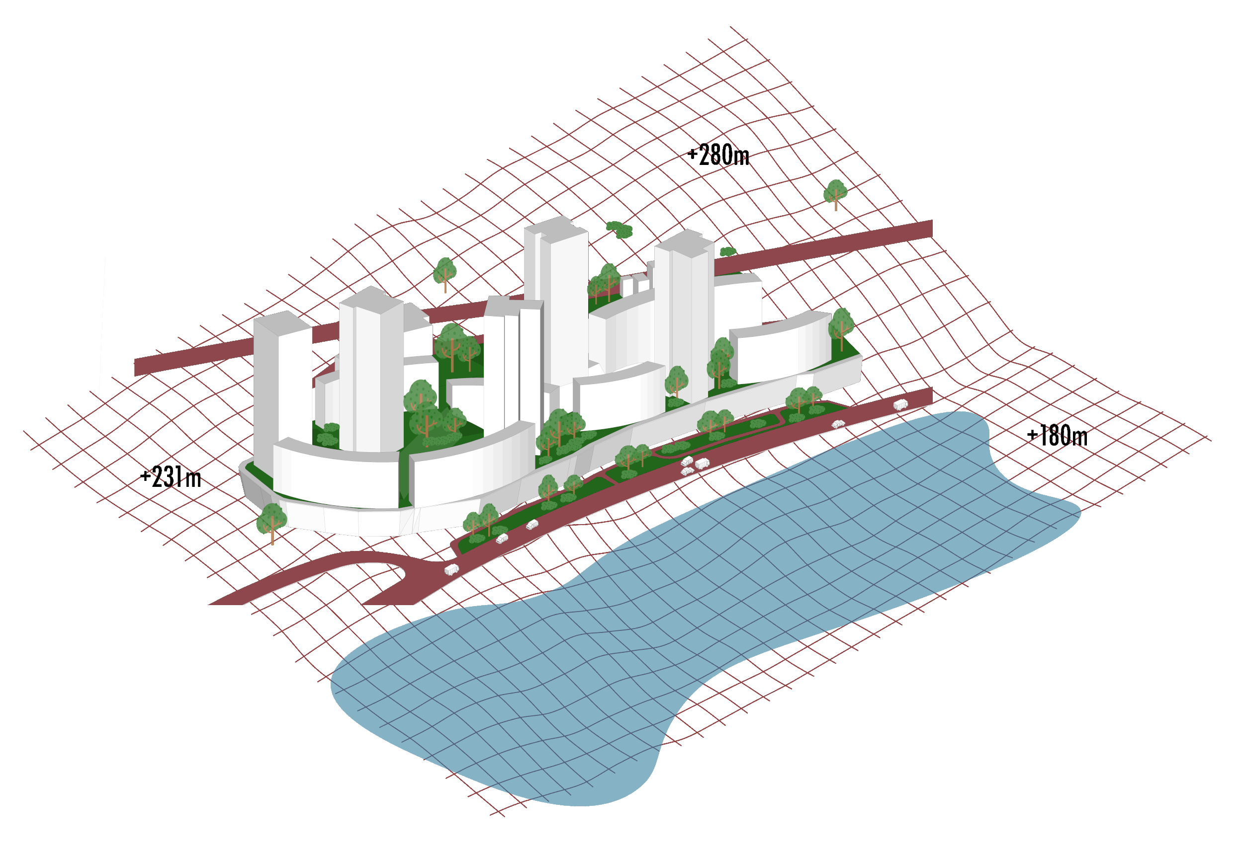 3D illustration of a proposed city development with multiple tall buildings, green spaces, trees, roads, and a body of water, overlaid on a grid with elevation markers.