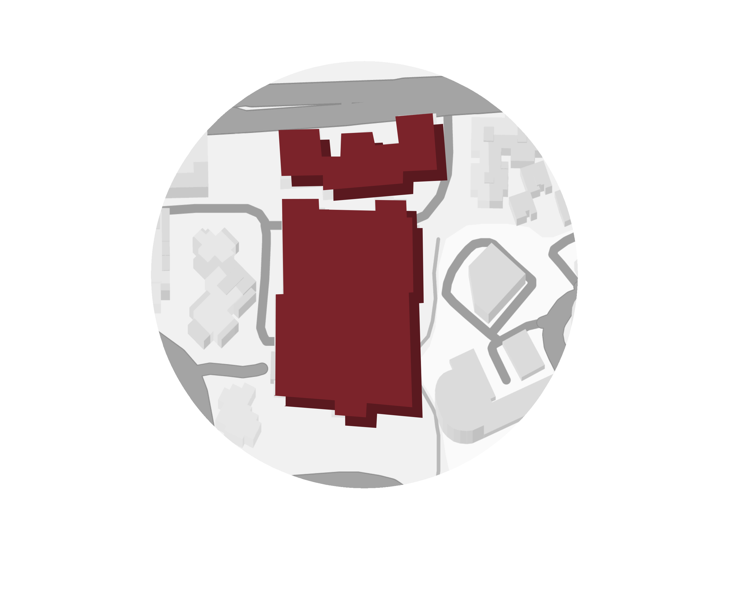 Map showing a large, dark red building complex in the center, with surrounding pathways and smaller structures around it, depicted in gray and white.