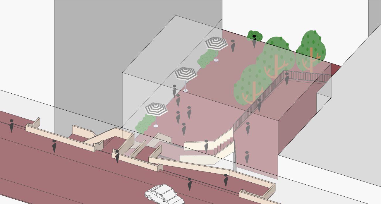 A detailed architectural drawing of an outdoor patio featuring stairs, umbrellas, trees, bushes, and a fenced area, with several silhouette figures and a parked car.
