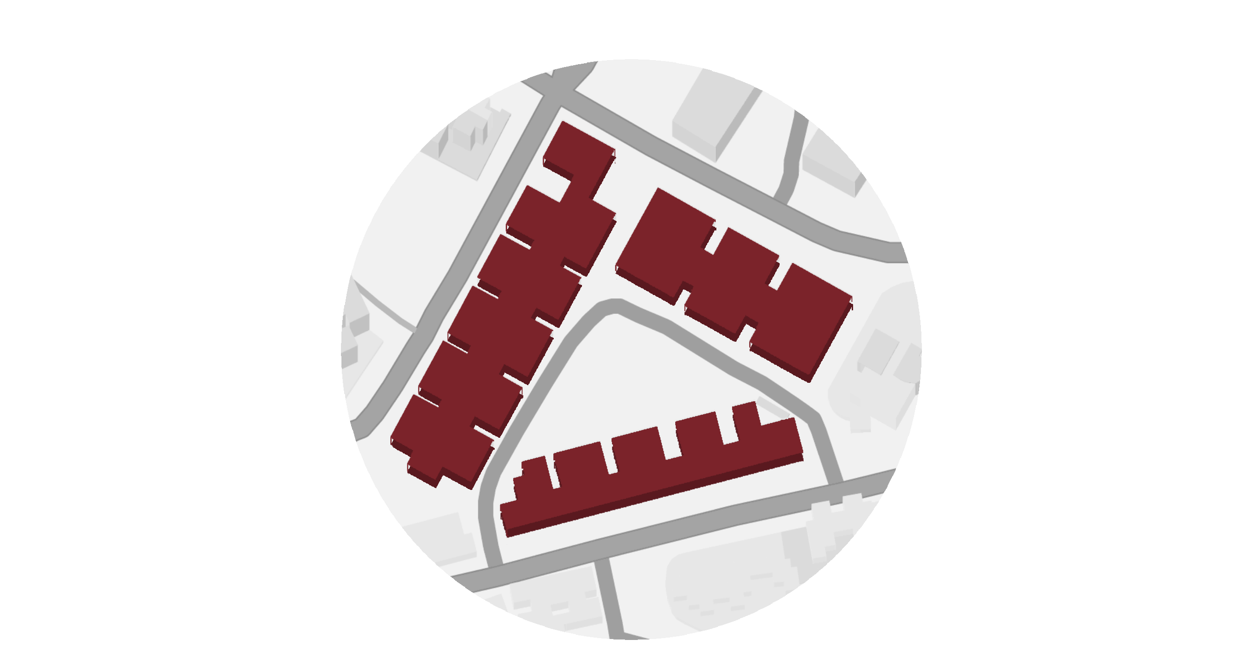 A map showing a residential area with several multi-story buildings highlighted in dark red, roads, and surrounding structures.