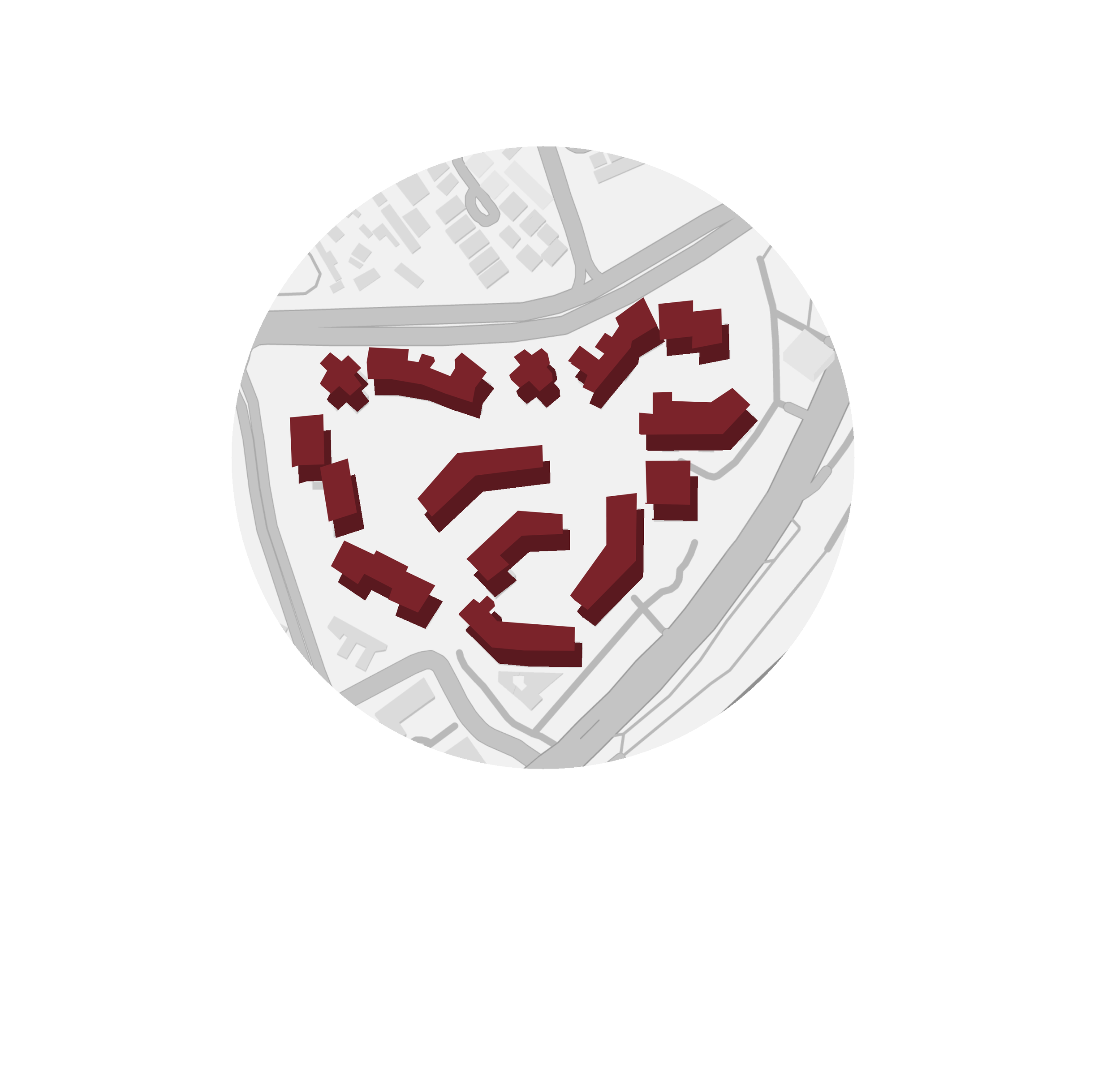 3D map illustration of a residential area with buildings in dark red, roads, and surrounding landscape, shown within a circular frame.