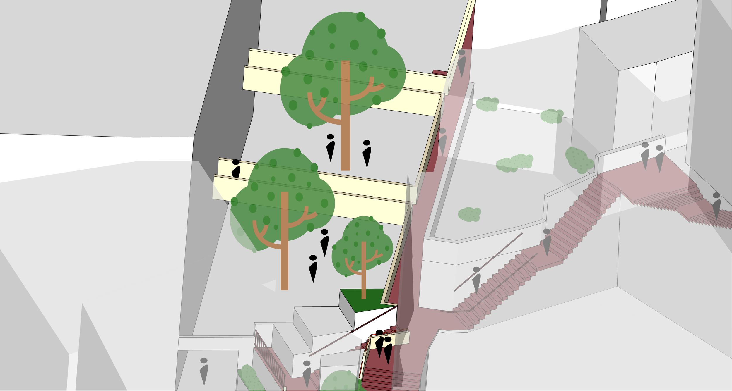 An architectural rendering of an outdoor stairway and walkway with trees, shrubs, and people walking around.