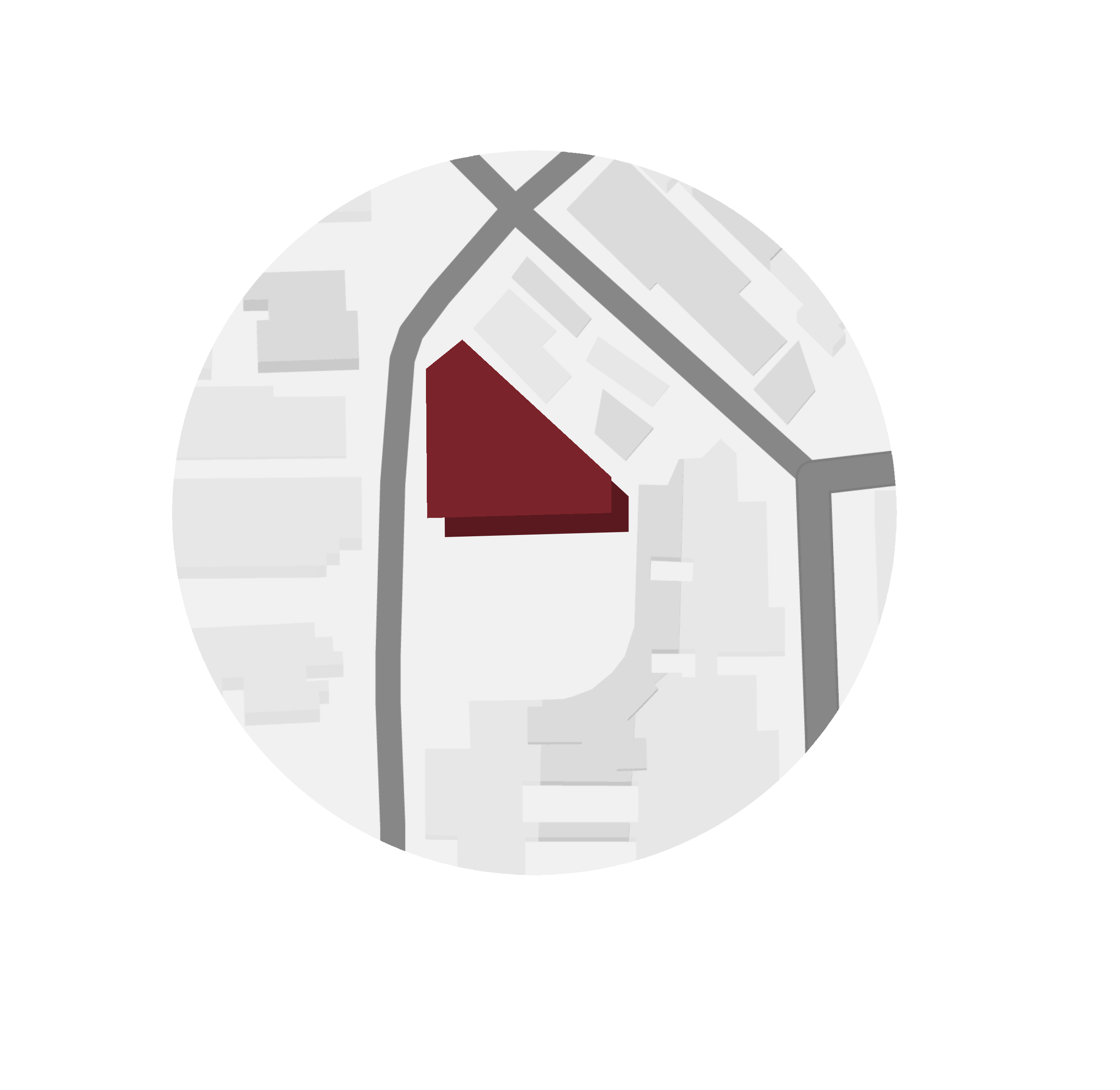 Map with a red property outline within a circular view, showing surrounding streets and buildings.