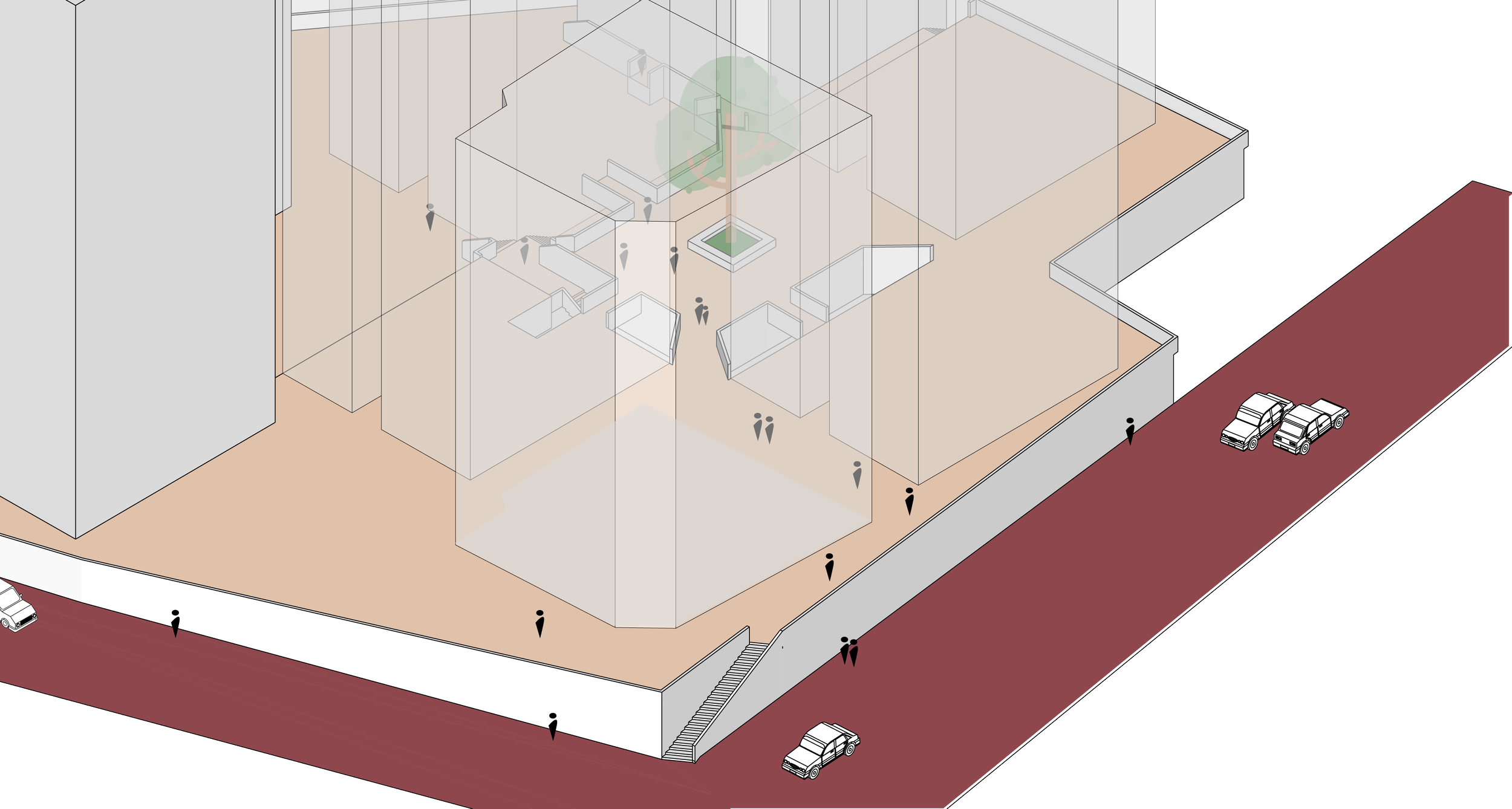 An architectural drawing of a modern building with transparent walls, showcasing interior details such as furniture, a tree, and people outside on the sidewalk and street with parked cars.