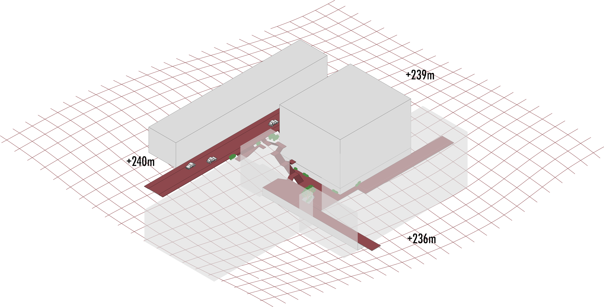 3D architectural rendering of a building layout with marked dimensions, including height and width, on a grid background.
