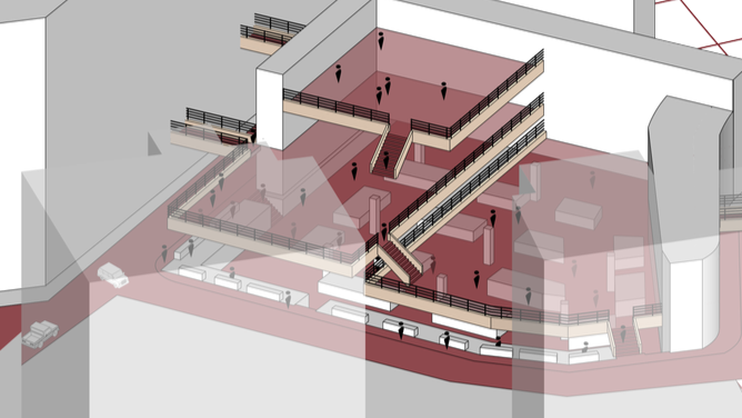 3D architectural rendering of a multi-level building with walkways, staircases, and observers.