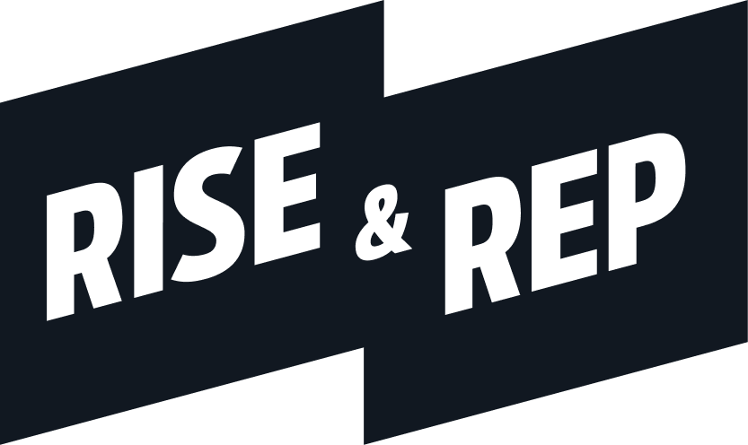 Text that reads "RISE & REP" on a black background with a modern font.