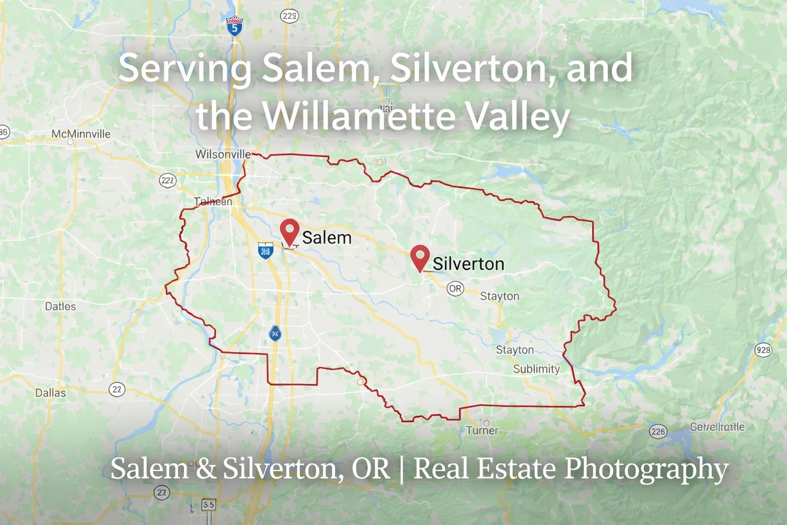 Real estate photography service area map highlighting Salem, Silverton, and the Willamette Valley in Oregon.