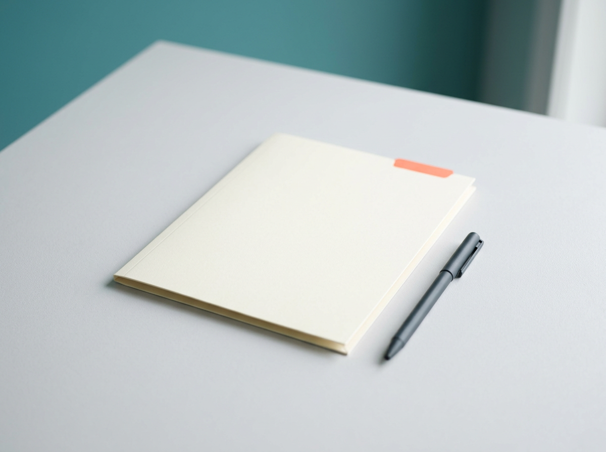 Tax preparation: A closed ivory folder with a coral tab on a clean desk