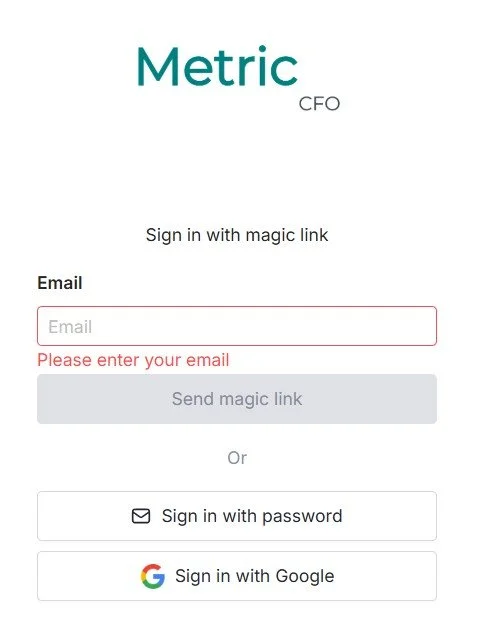 A login screen for Metric CFO with options to sign in via email, password, or Google account, and a 'Send magic link' button.