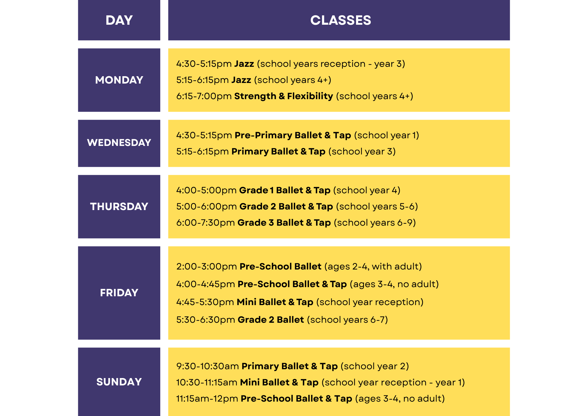 Timetable of dance classes