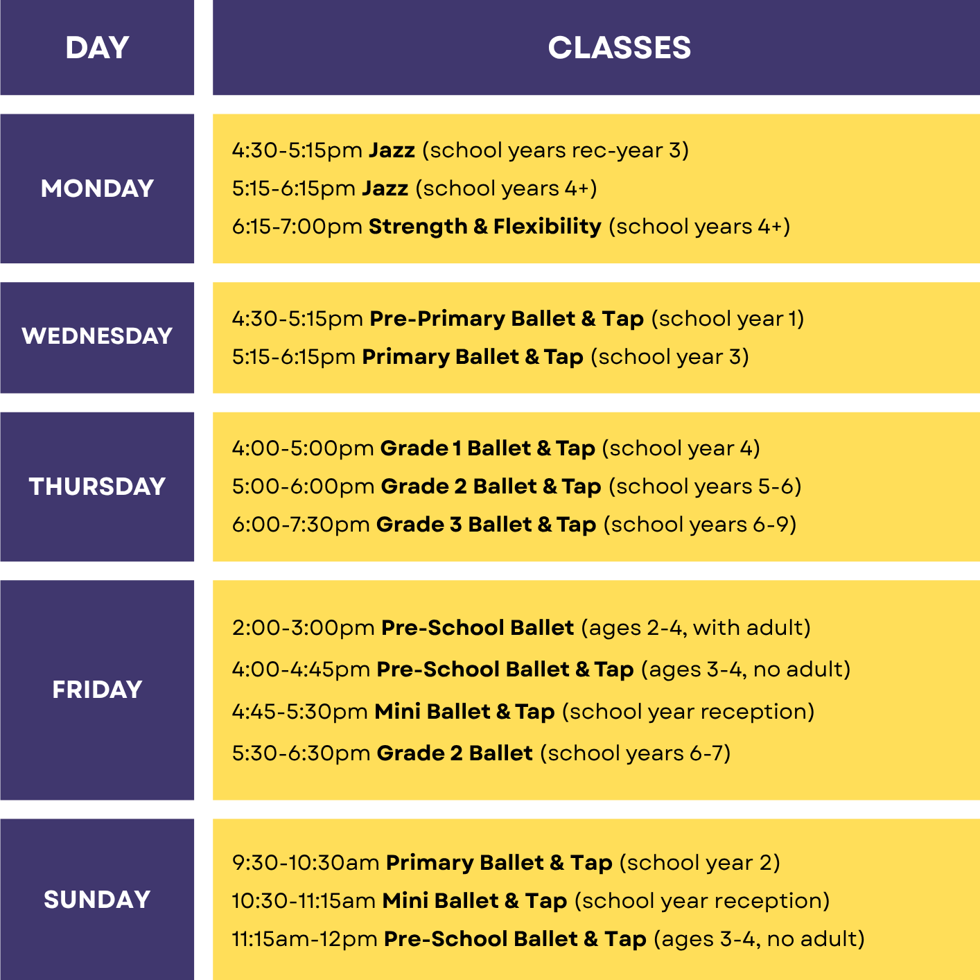 Timetable of dance classes