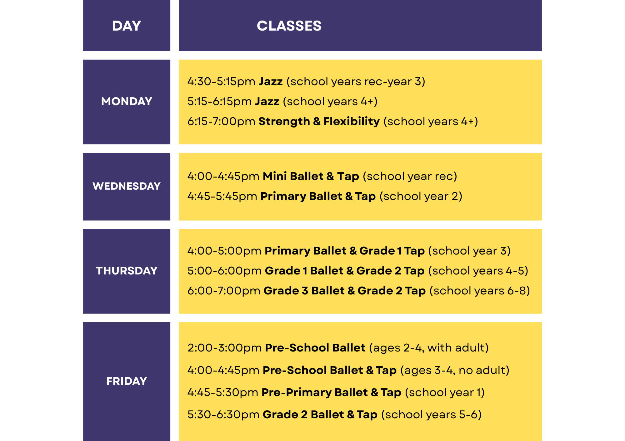 Timetable of dance classes