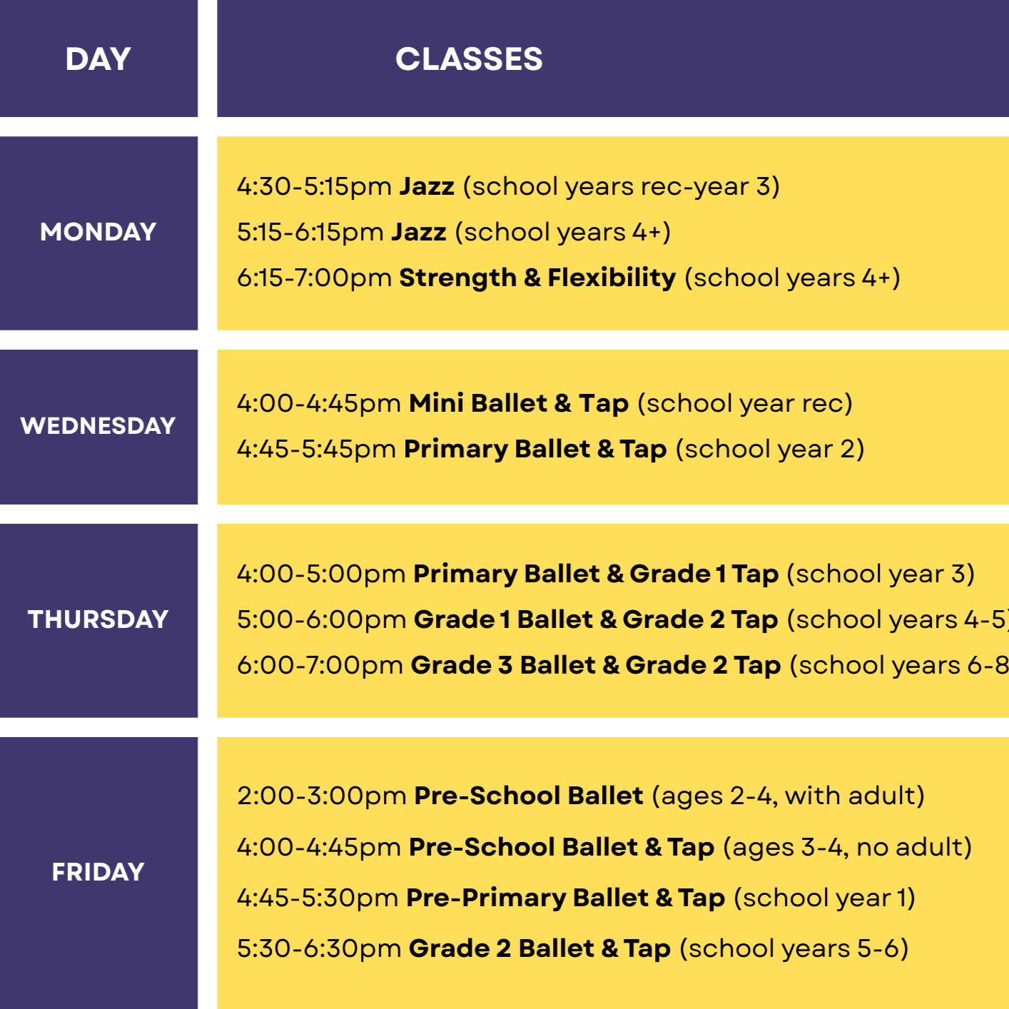 Timetable of dance classes