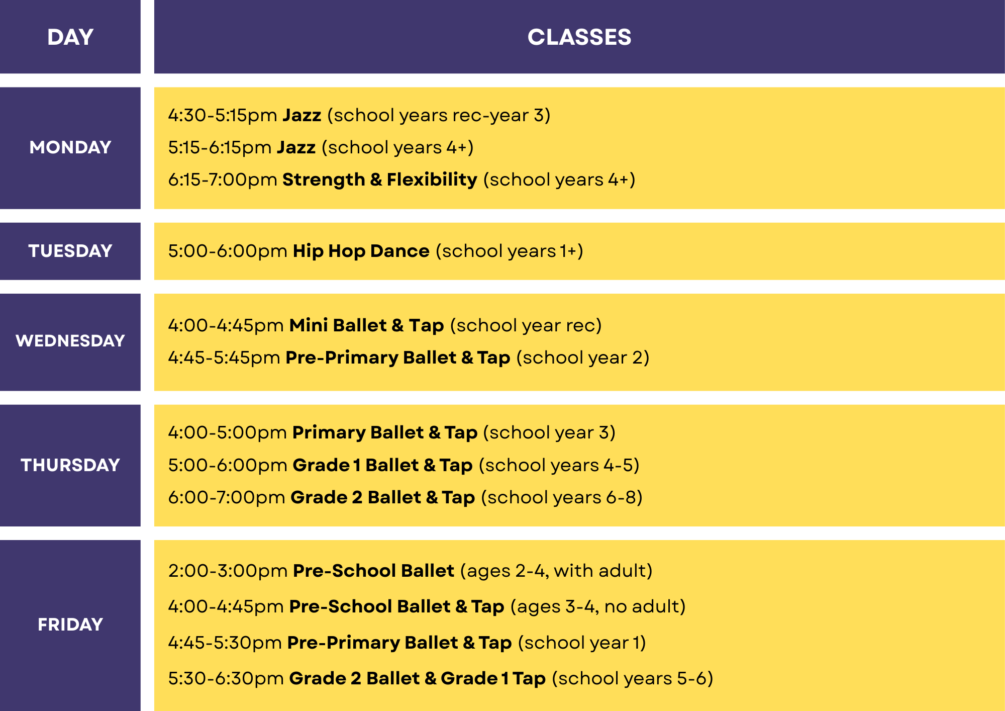 Timetable of dance classes