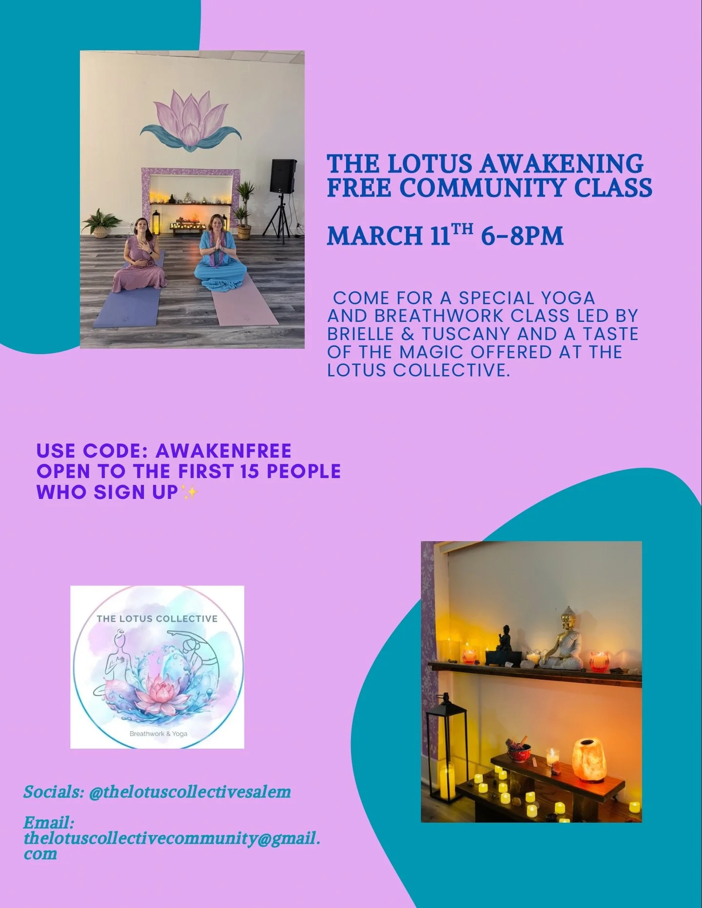 Hi friends!!!✨🪷 Brielle and I are SO excited to offer a free community class next Wednesday for the community. We first tested out having a studio together with a collab called The Lotus Awakening where Tuscany taught yoga and Brielle led breathwork