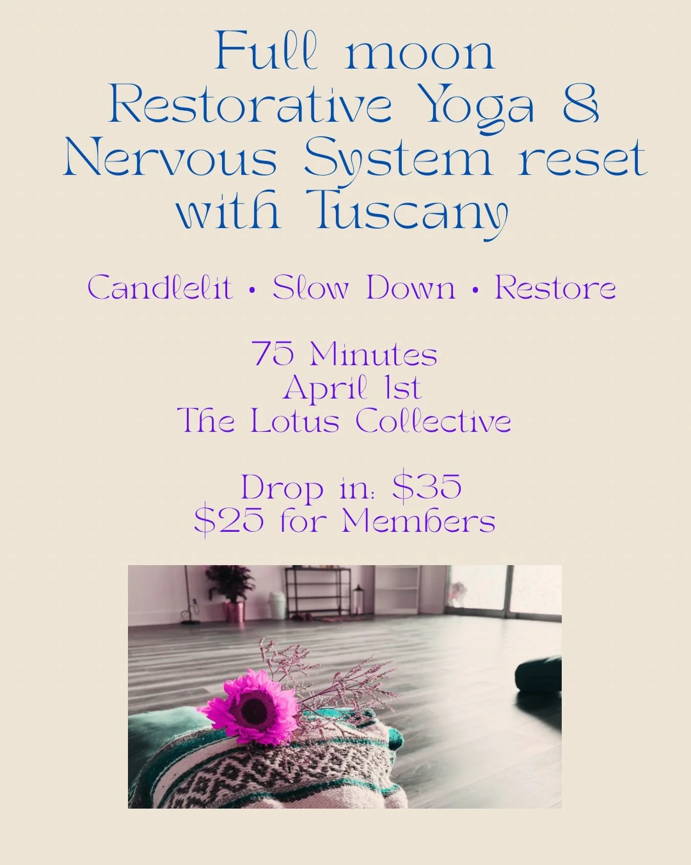 Pink Full Moon Restorative Yoga with Tuscany!🌸
Step into April with calm, clarity, and intention! Join us for a 75-minute candlelit restorative yoga class on April 1st 6pm-7:15pm, $35 drop-in. When you book, book for the 75 min restore drop in.

✨ W