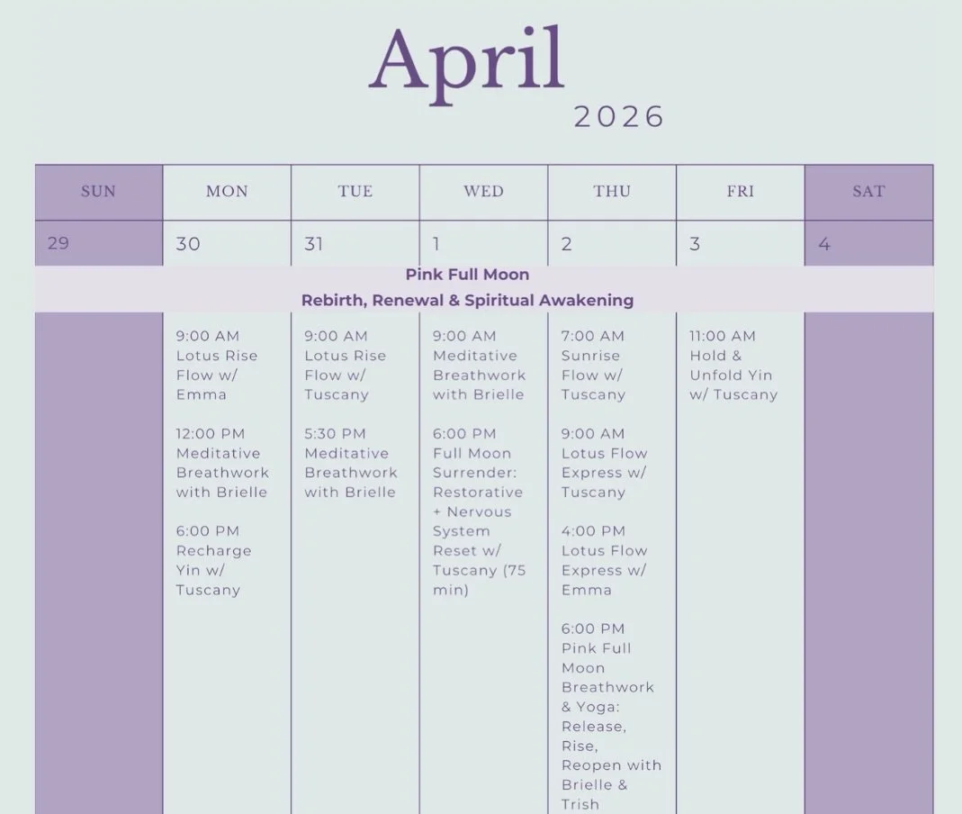 Happy Sunday Lotus fam🪷✨ We are so excited to be able to share the monthly calendar for April! This includes each weekly theme, special collabs, special events &amp; workshops, and more to come. We want you to be able to try different classes and pl