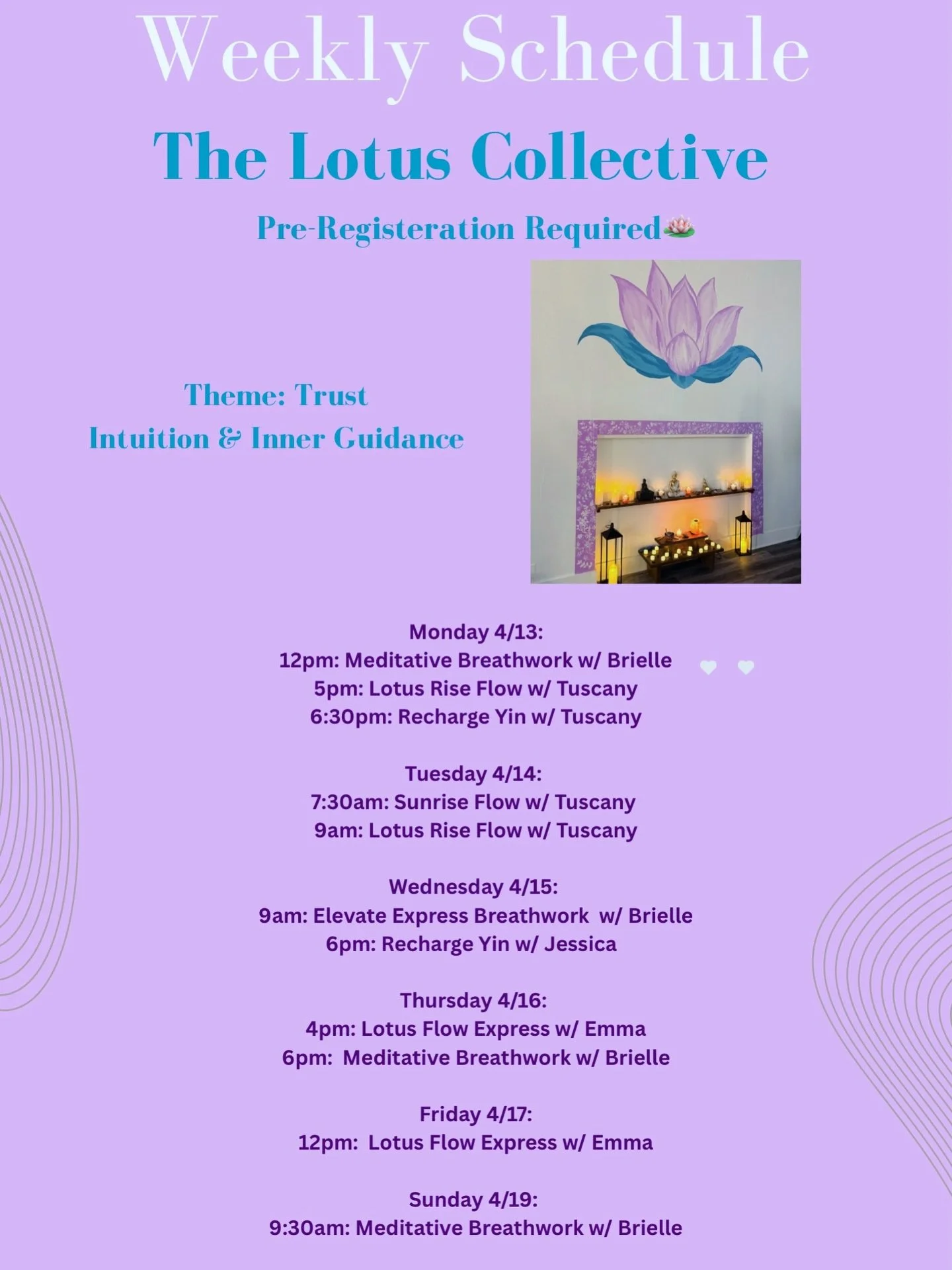 Happy Sunday Lotus Fam!!🪷✨ here&rsquo;s this upcoming weeks schedule. Lots of times to come try different classes! Tuscany will be out of town starting Wednesday but so excited to have Jessica @freerangeyogava subbing yin Wednesday night and Emma te
