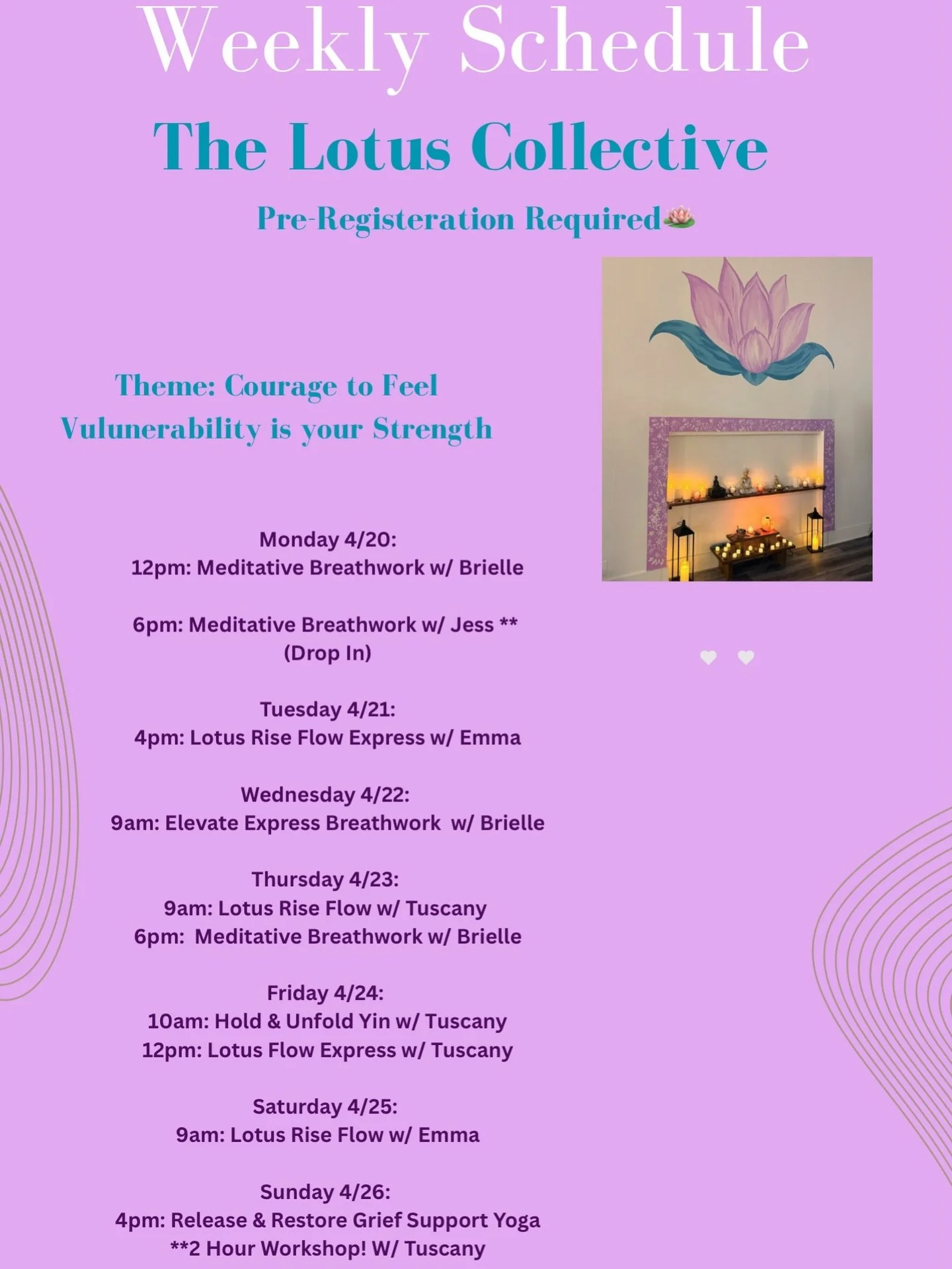 Happy Sunday Lotus Fam! 🪷

Here is this upcoming week&rsquo;s schedule! We&rsquo;re so excited to have Jess teaching Breathwork Monday yaya! We also have Emma teaching a flow. &amp; as always we have Brielle with Breathwork and Breathwork express wo