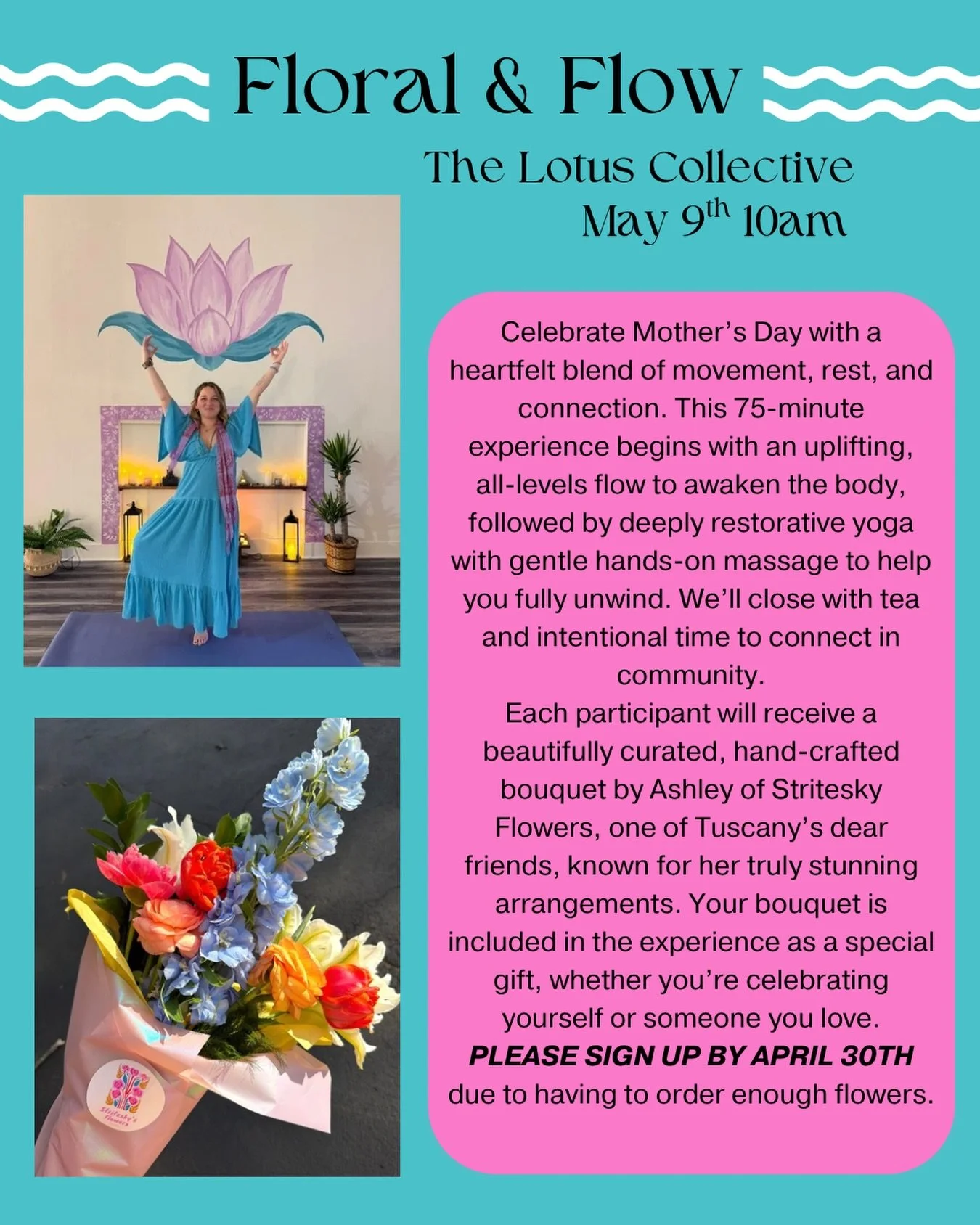 Celebrate Mother&rsquo;s Day with us 🌸

Saturday May 9th | 10:00&ndash;11:15am

Join us for a heartfelt 75-minute yoga with Tuscany designed to help you move, unwind, and connect. We&rsquo;ll begin with an uplifting, all levels flow to awaken the bo